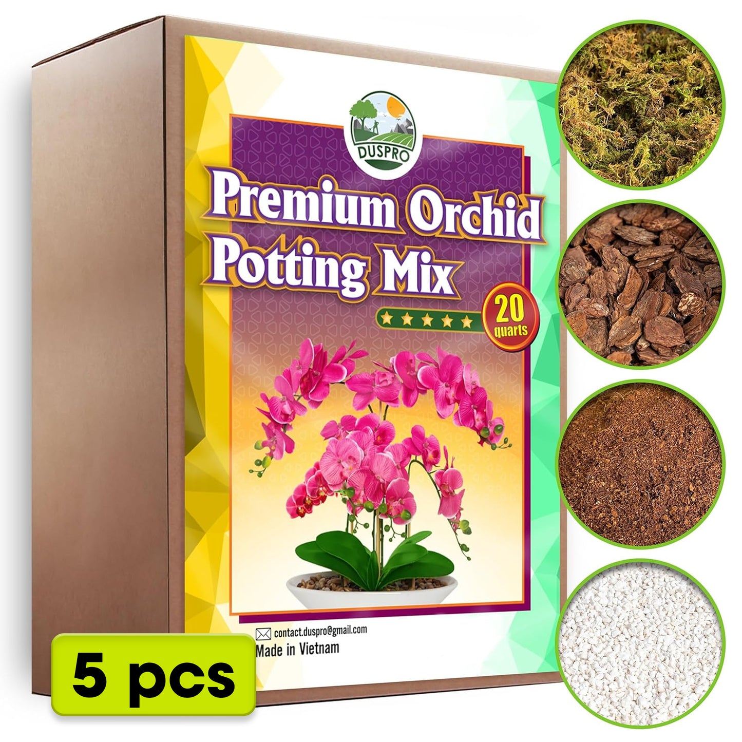 DUSPRO Orchid Potting Mix for Repotting with Moss Pine Bark Mulch Perlite Stone & Coco Peat Natural Ingredients, Orchid Bark Potting Mix