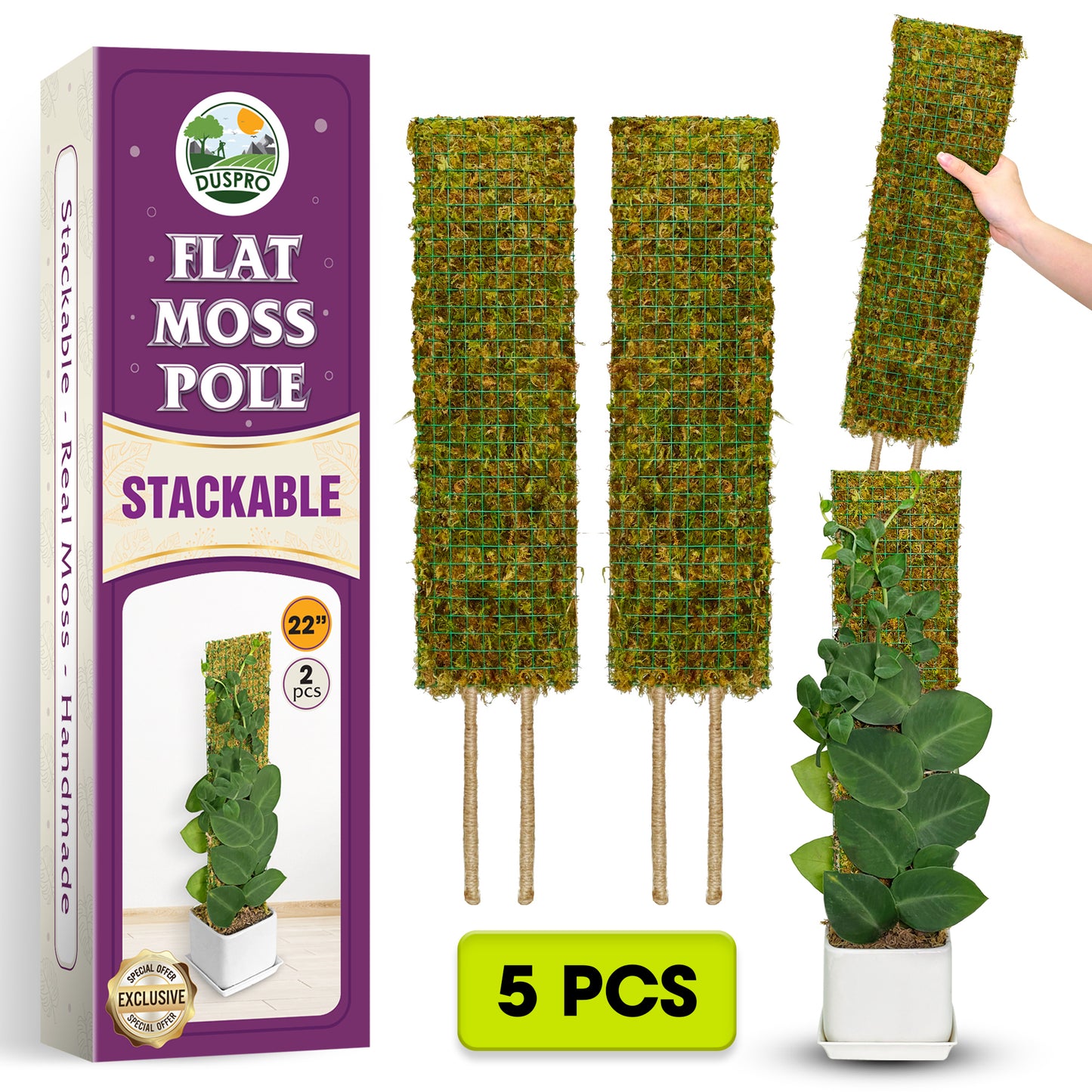 DUSPRO 2Pack 22" Stackable Mesh Moss Pole for Plants Climbing Vine Supporting Monstera Trellis