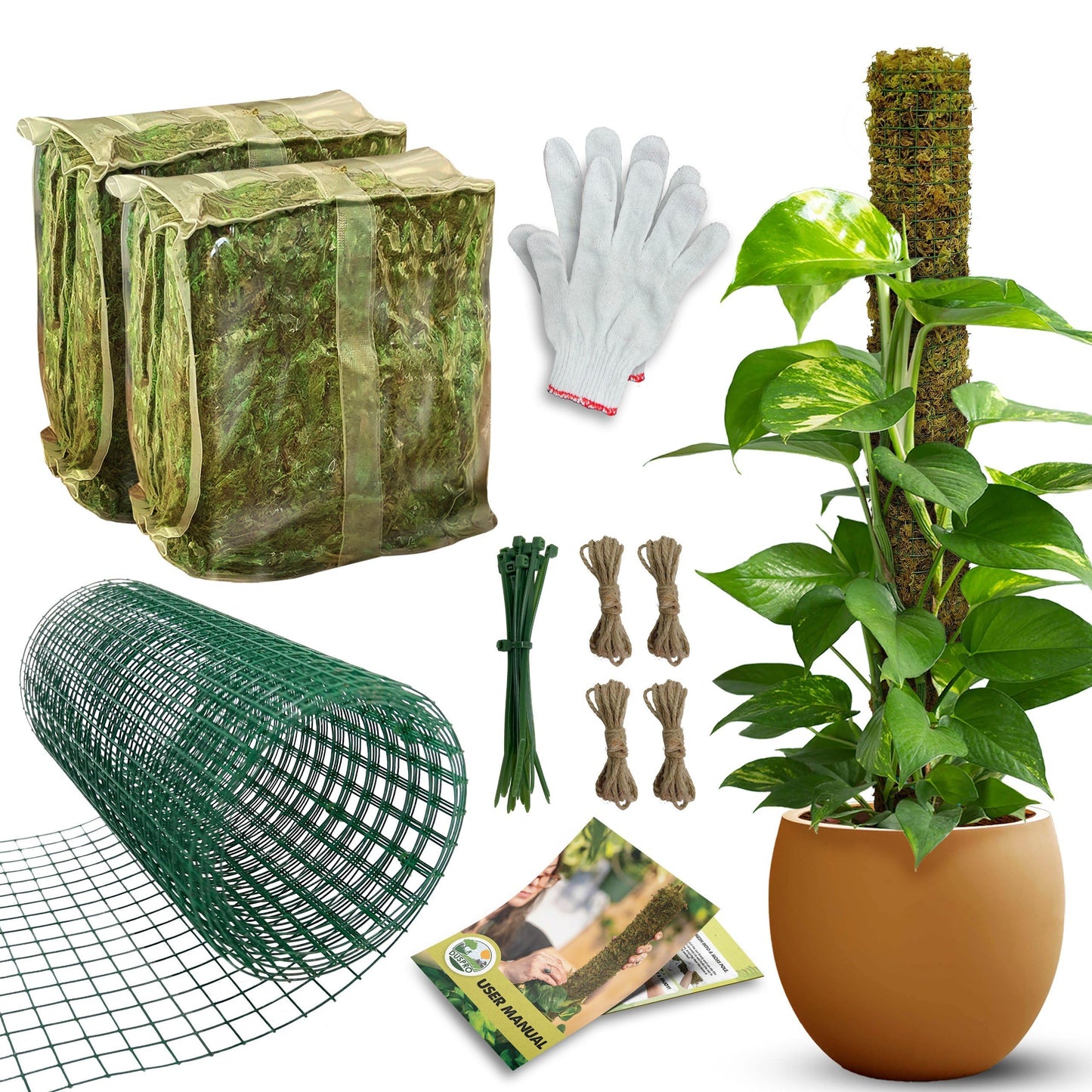 DUSPRO DIY Moss Pole Kit, Metal Moss Pole for Plant Monstera, Pothos, Philodendron, 1pc 8.6’’ x 6.5 ft Wire Moss Pole Mesh with Forest Moss