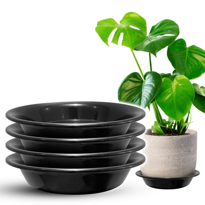 Duspro 4 Pack Plastic Plant Saucer Round Black Plant Plates to Catch Water Indoor Plants Plant Pot Saucers