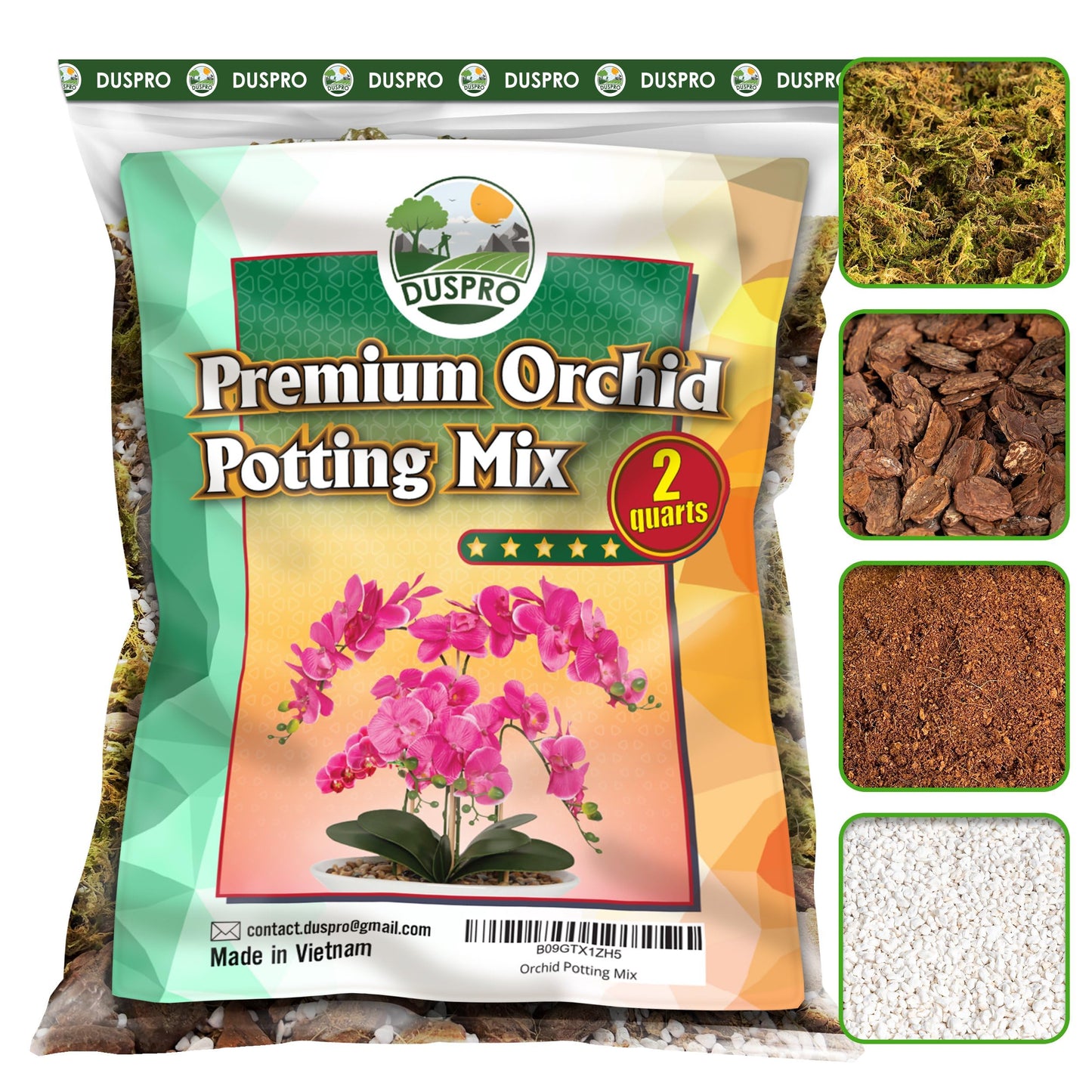 DUSPRO Orchid Potting Mix for Repotting with Moss Pine Bark Mulch Perlite Stone & Coco Peat Natural Ingredients, Orchid Bark Potting Mix