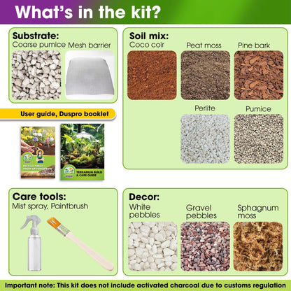 DUSPRO Recycle Terrarium Starter Kit, Coco Coir, Peat Moss, Pine Bark, Perlite, Pumice, Mesh Barrier, Care Tools, Guide Book, DIY Terrarium Kit for Kids, Air Plant, Succulent (Medium)