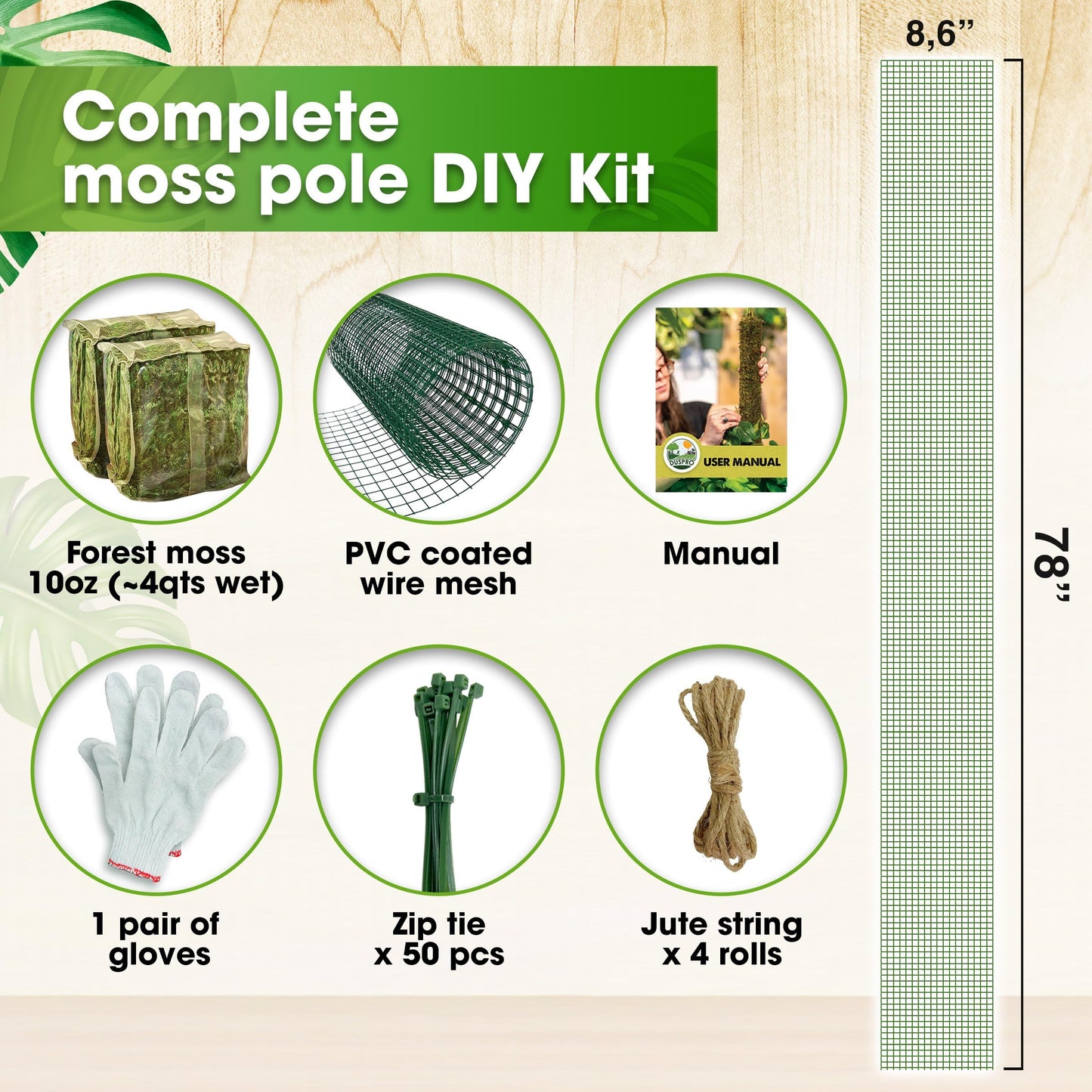 DUSPRO DIY Moss Pole Kit, Metal Moss Pole for Plant Monstera, Pothos, Philodendron, 1pc 8.6’’ x 6.5 ft Wire Moss Pole Mesh with Forest Moss