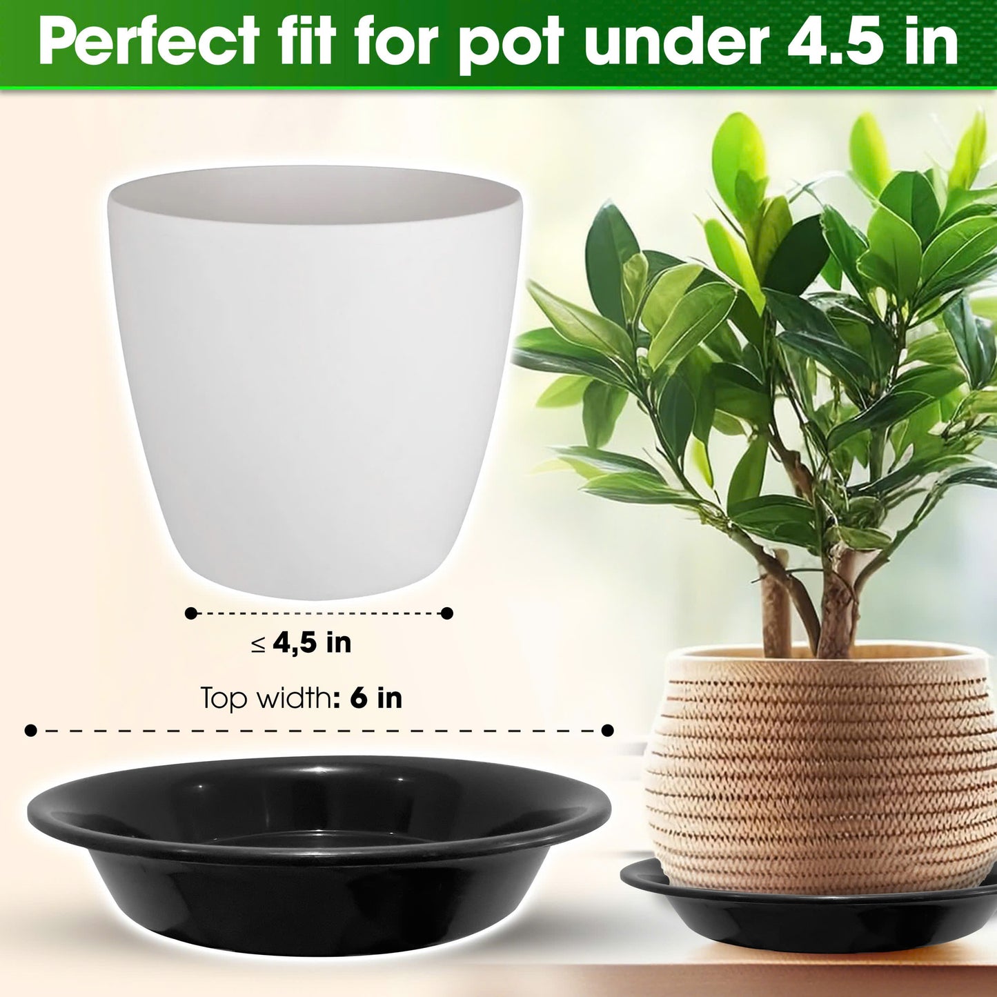 Duspro 4 Pack Plastic Plant Saucer Round Black Plant Plates to Catch Water Indoor Plants Plant Pot Saucers