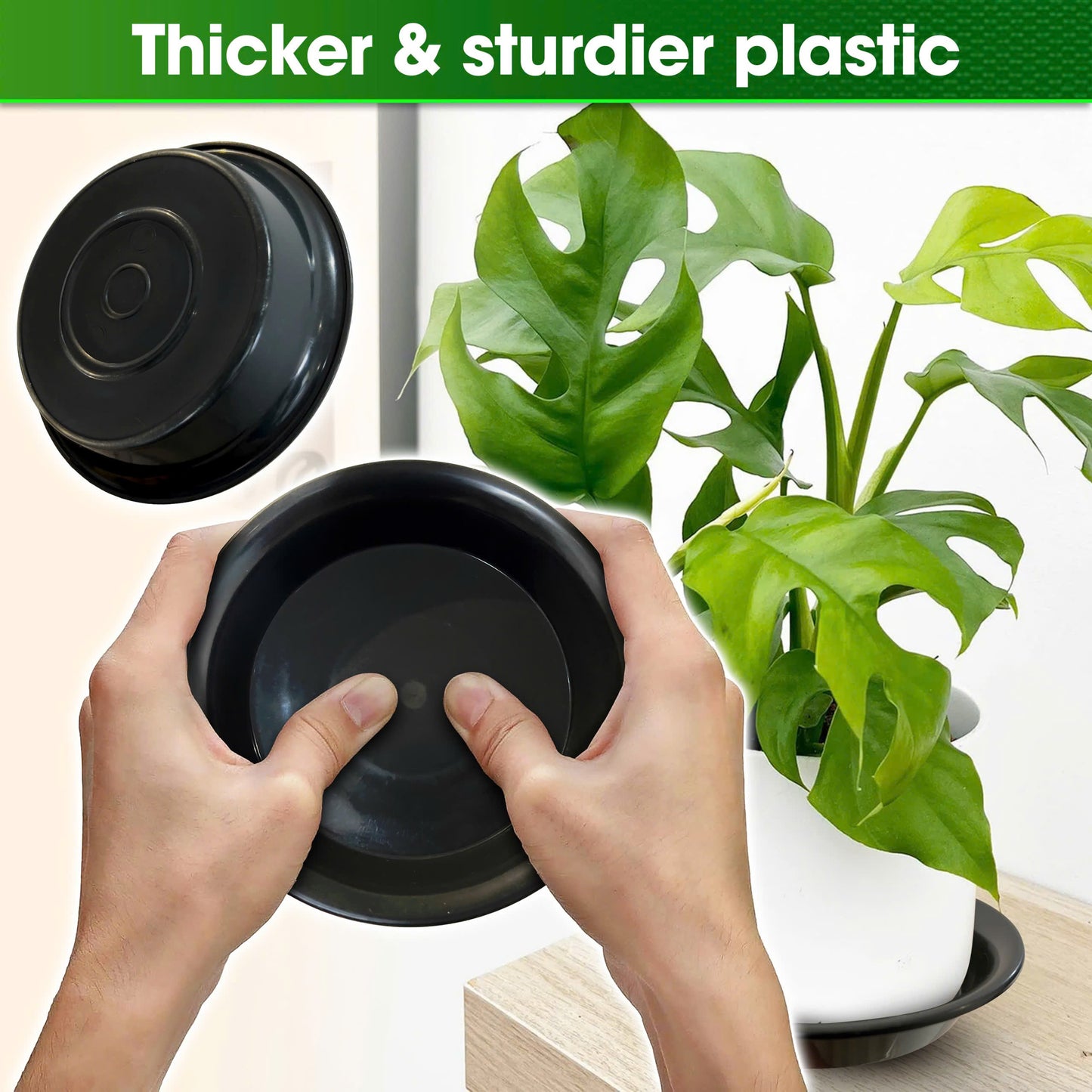 Duspro 4 Pack Plastic Plant Saucer Round Black Plant Plates to Catch Water Indoor Plants Plant Pot Saucers