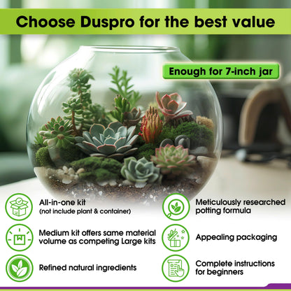 DUSPRO Recycle Terrarium Starter Kit, Coco Coir, Peat Moss, Pine Bark, Perlite, Pumice, Mesh Barrier, Care Tools, Guide Book, DIY Terrarium Kit for Kids, Air Plant, Succulent (Medium)