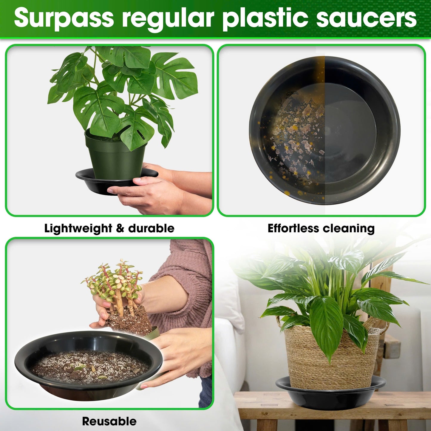 Duspro 4 Pack Plastic Plant Saucer Round Black Plant Plates to Catch Water Indoor Plants Plant Pot Saucers