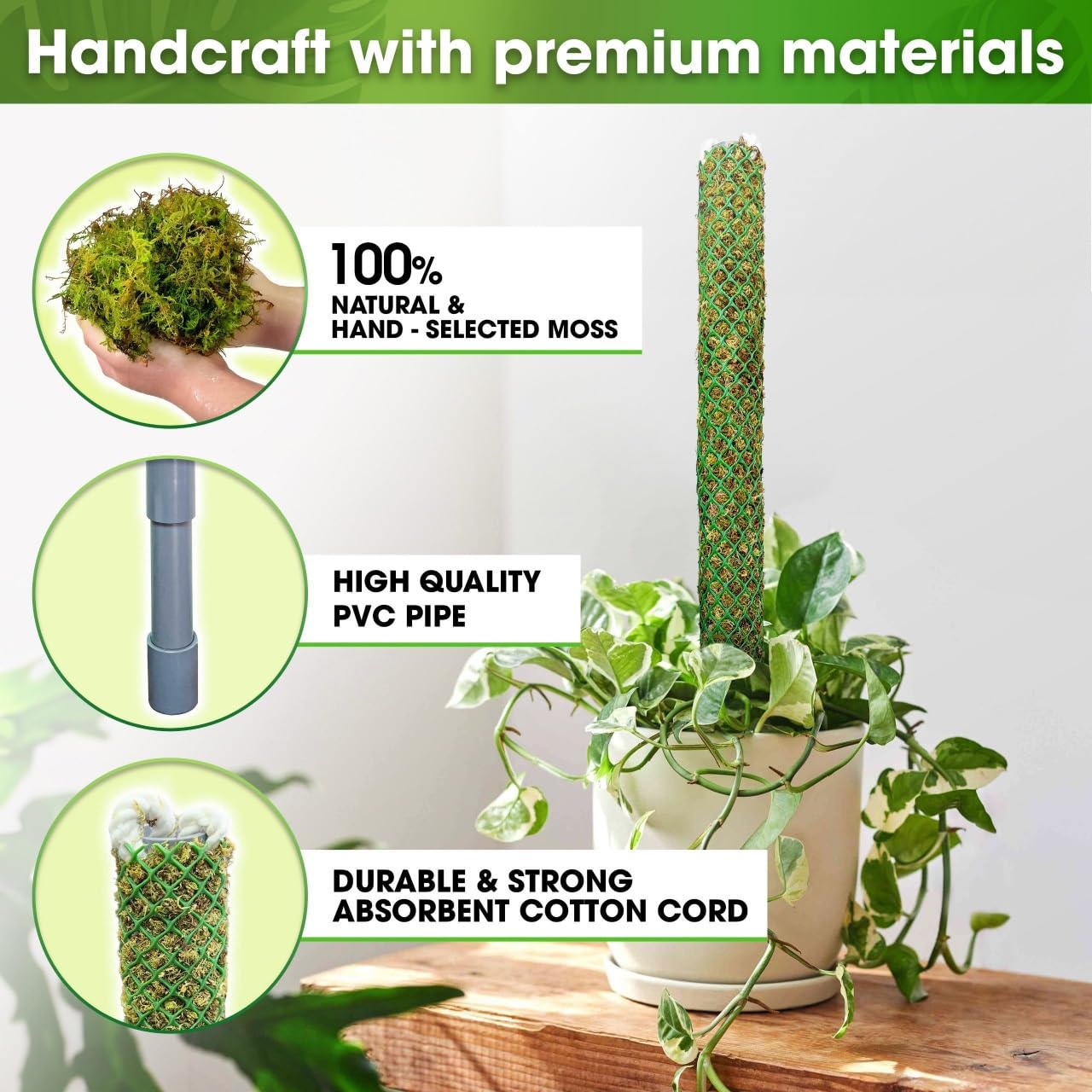 DUSPRO Self-Watering Natural Green Forest Moss Pole, Easy to Use Moss Sticks for Indoor Plants, Climbing Plant Support Stake with Self-Watering Feature, Moss Pole Monstera Plant Support