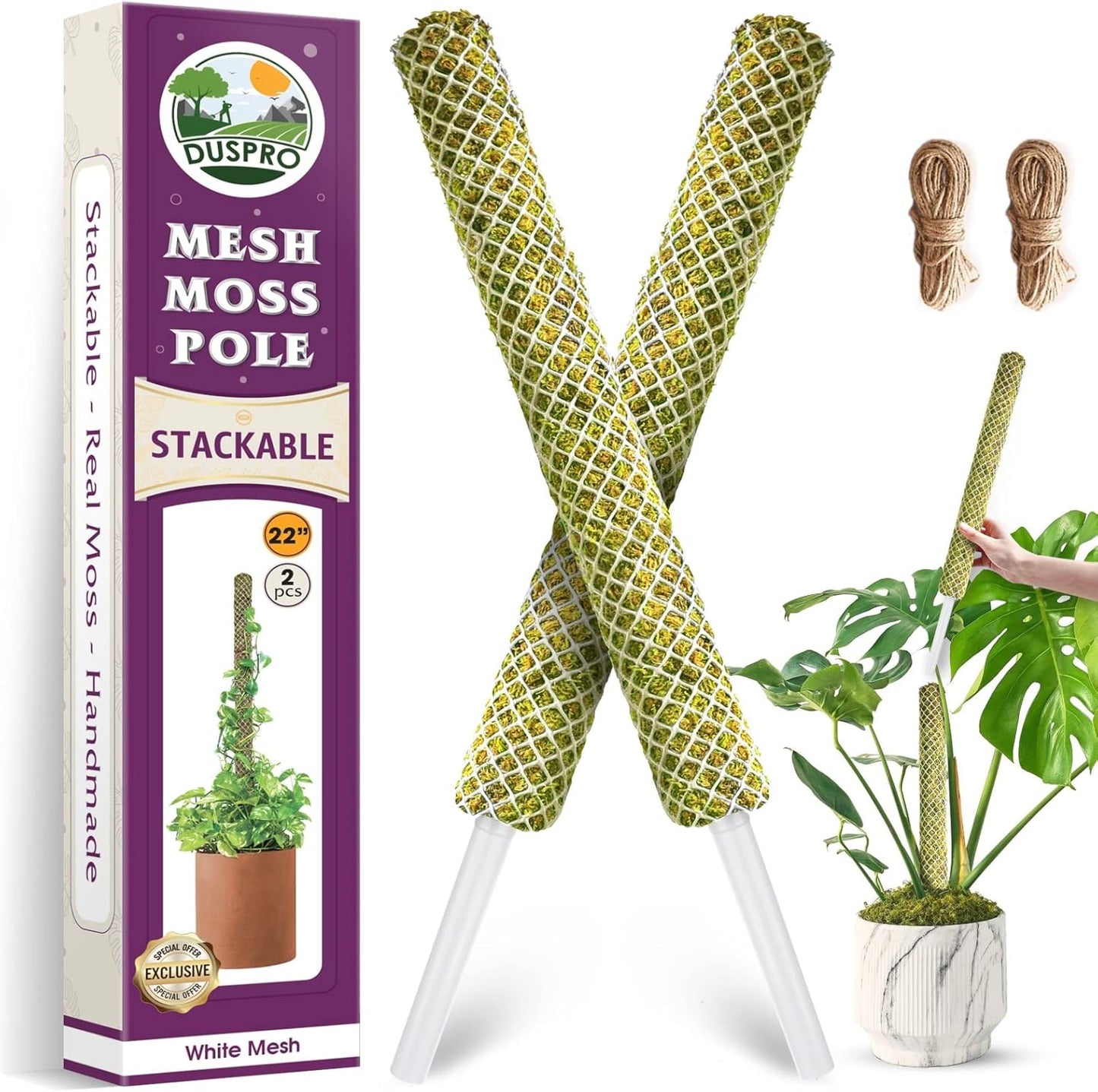 DUSPRO 2Pack 22" Stackable Mesh Moss Pole for Plants Climbing Vine Supporting Monstera Trellis