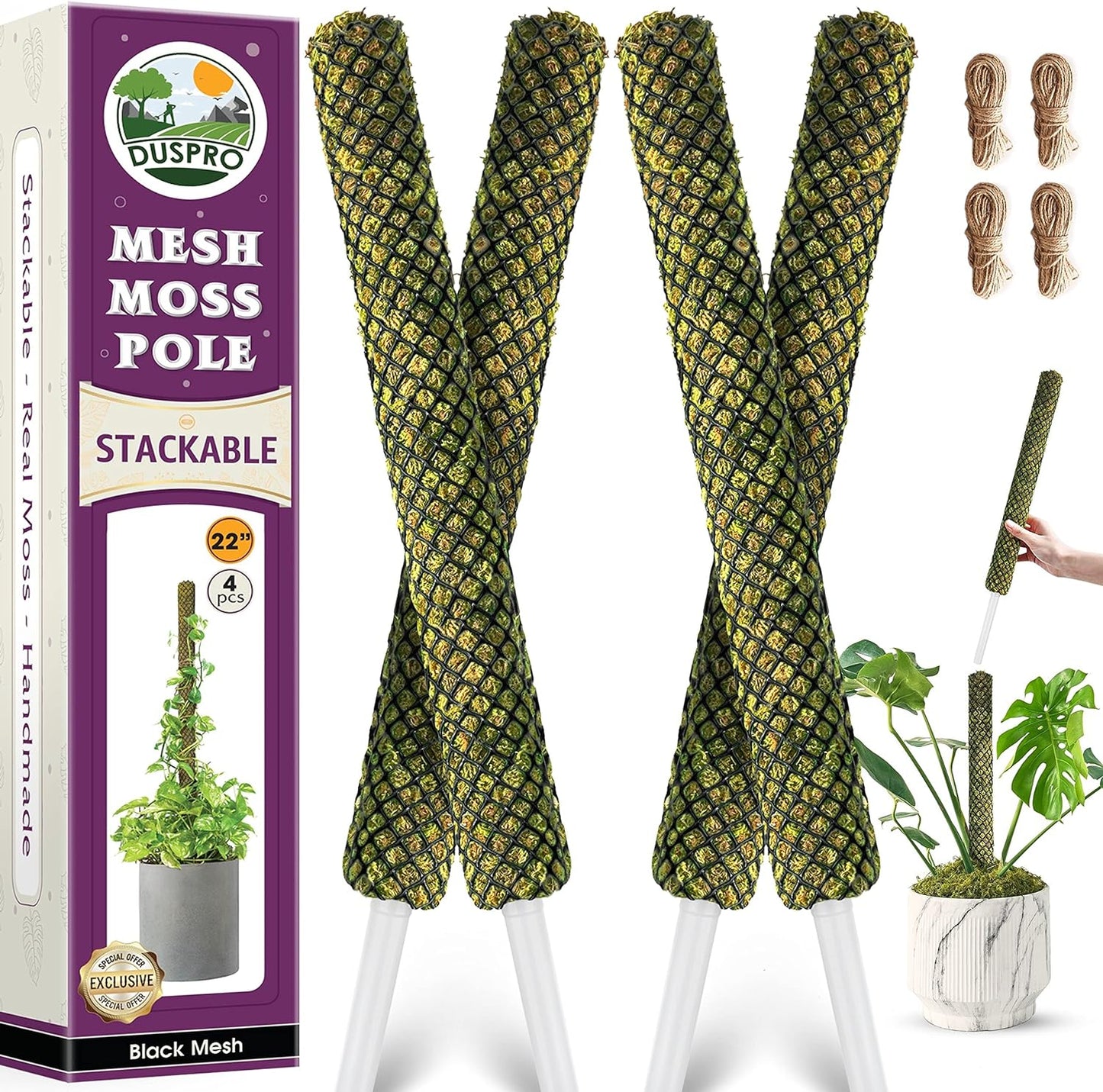 DUSPRO 2Pack 22" Stackable Mesh Moss Pole for Plants Climbing Vine Supporting Monstera Trellis