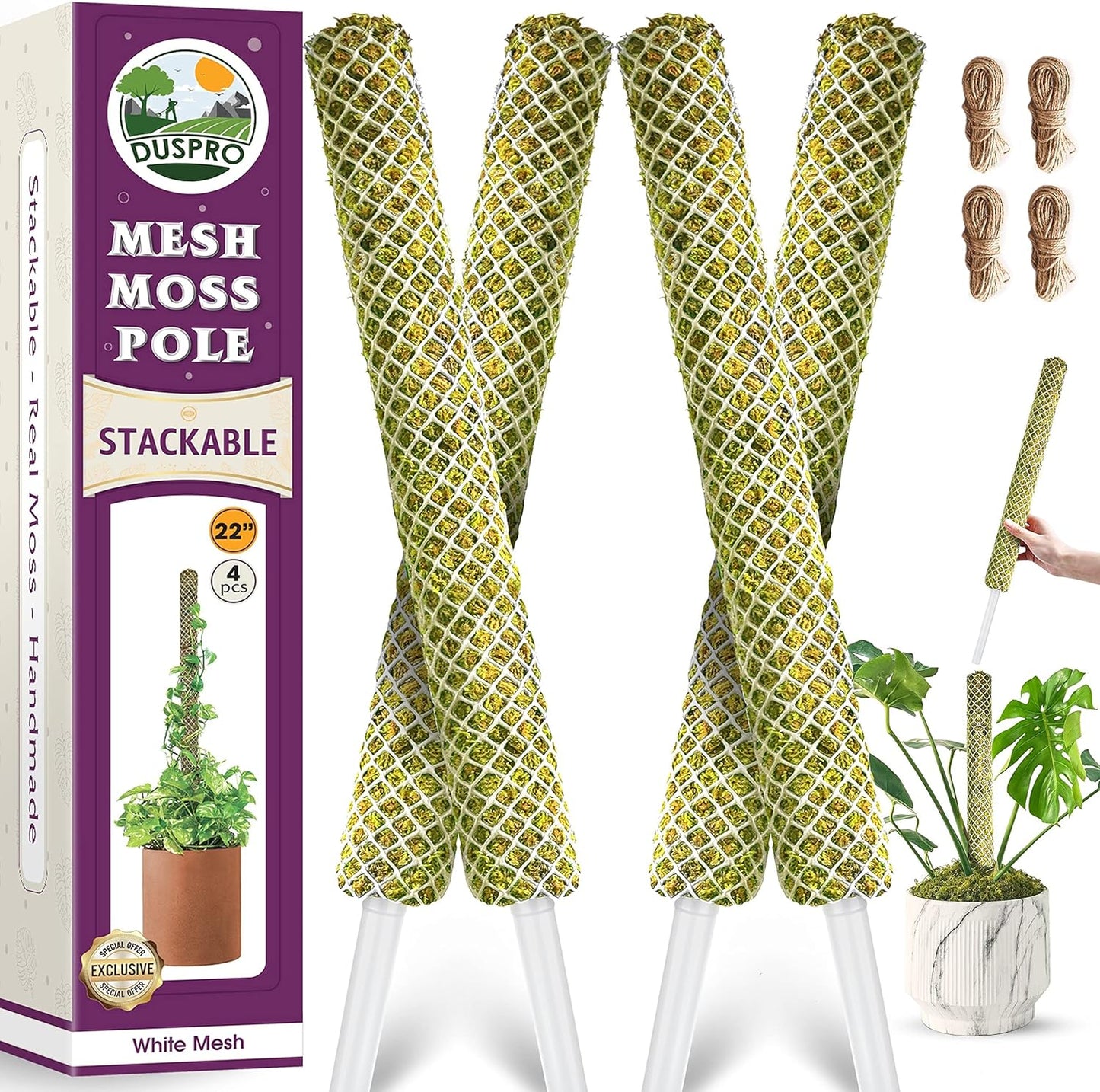 DUSPRO 2Pack 22" Stackable Mesh Moss Pole for Plants Climbing Vine Supporting Monstera Trellis