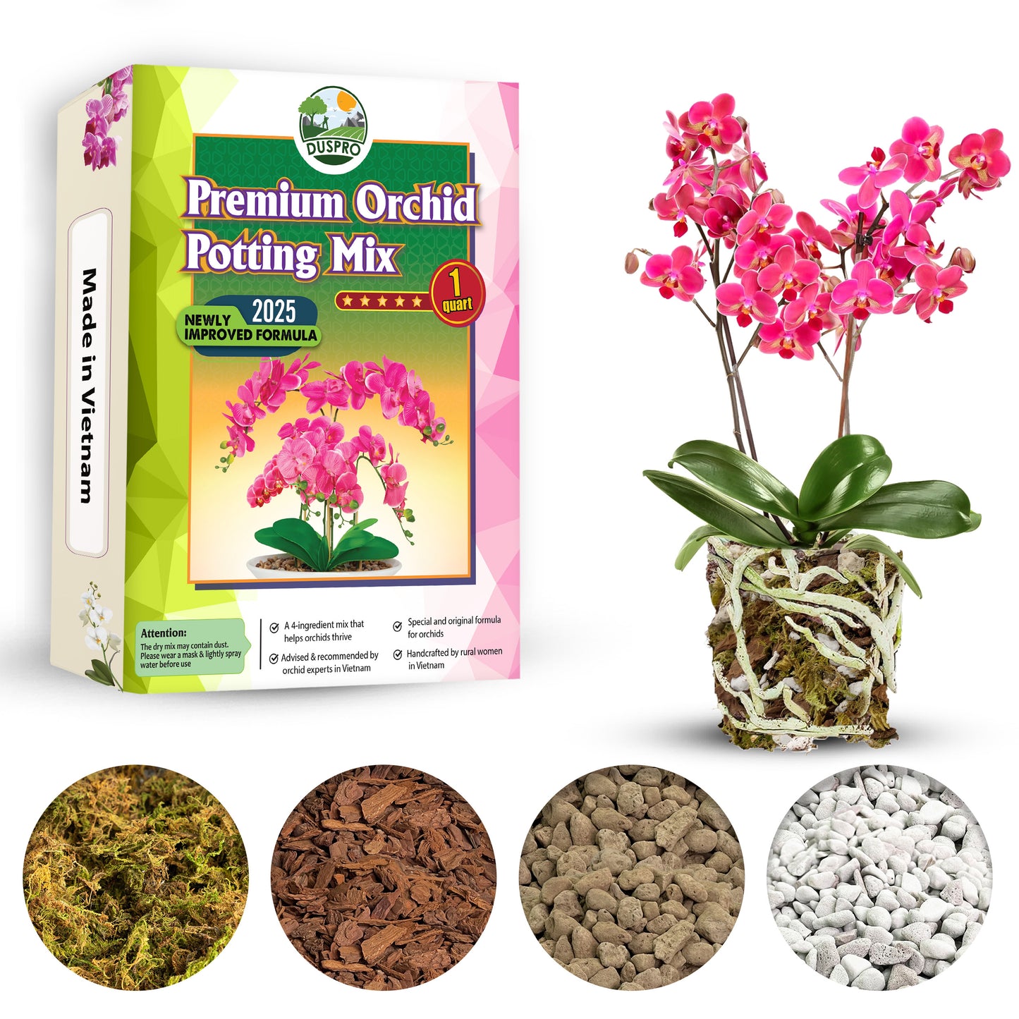 [Upgraded] DUSPRO Orchid Potting Mix for Repotting with Forest Moss, Pine Bark, Perlite & Pumice, Orchid Bark Potting Mix, Orchid Repotting Soil, Drainage Indoor Potting, Orchid Pot Not Included