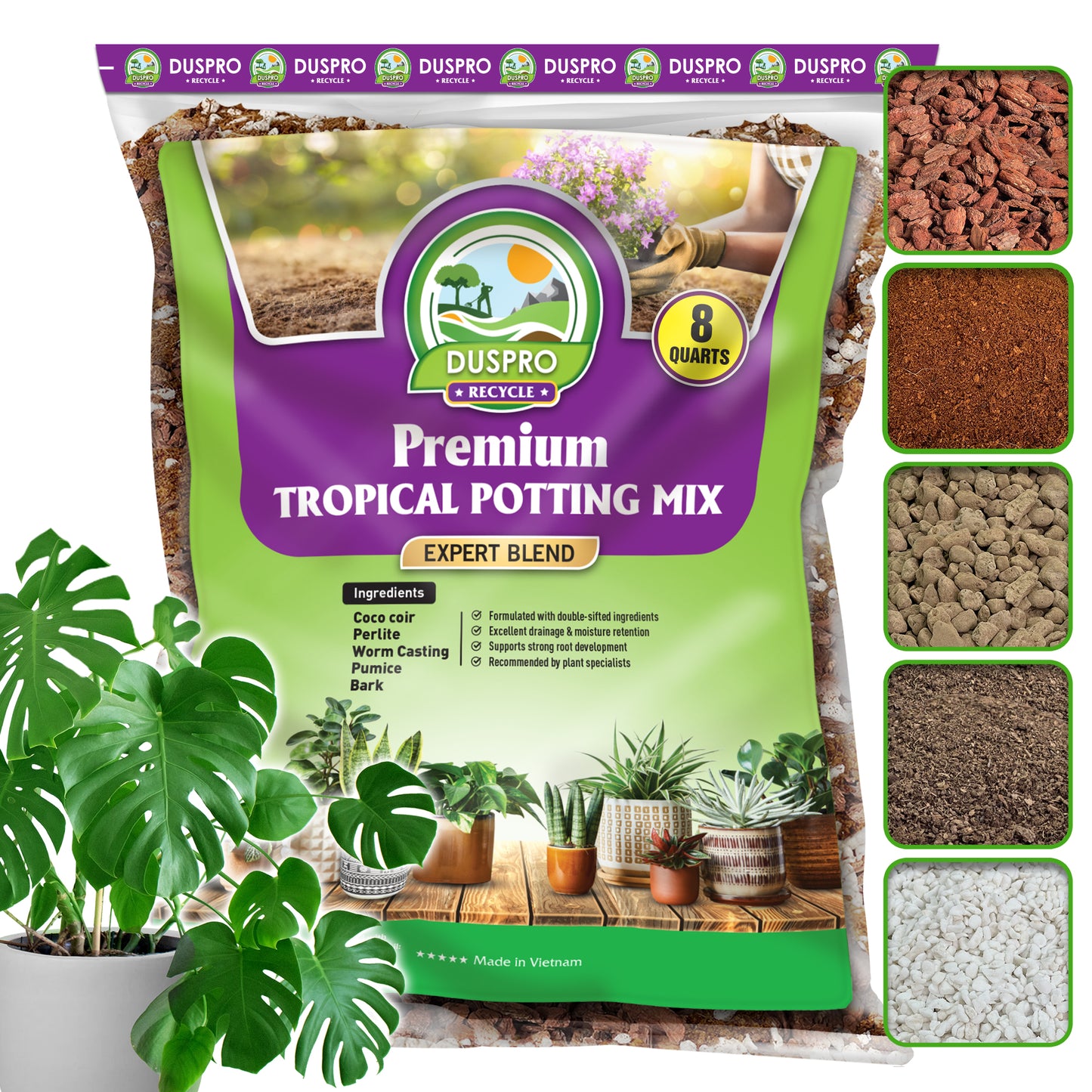 DUSPRO Recycle Tropical Potting Mix Pre-Mixed 5in1 with Pine Bark, Coco Coir, Perlite, Worm Casting & Pumice Ideal Aroid Mix Soil for Monstera, Pothos, Philodendron, Other Indoor HousePlants