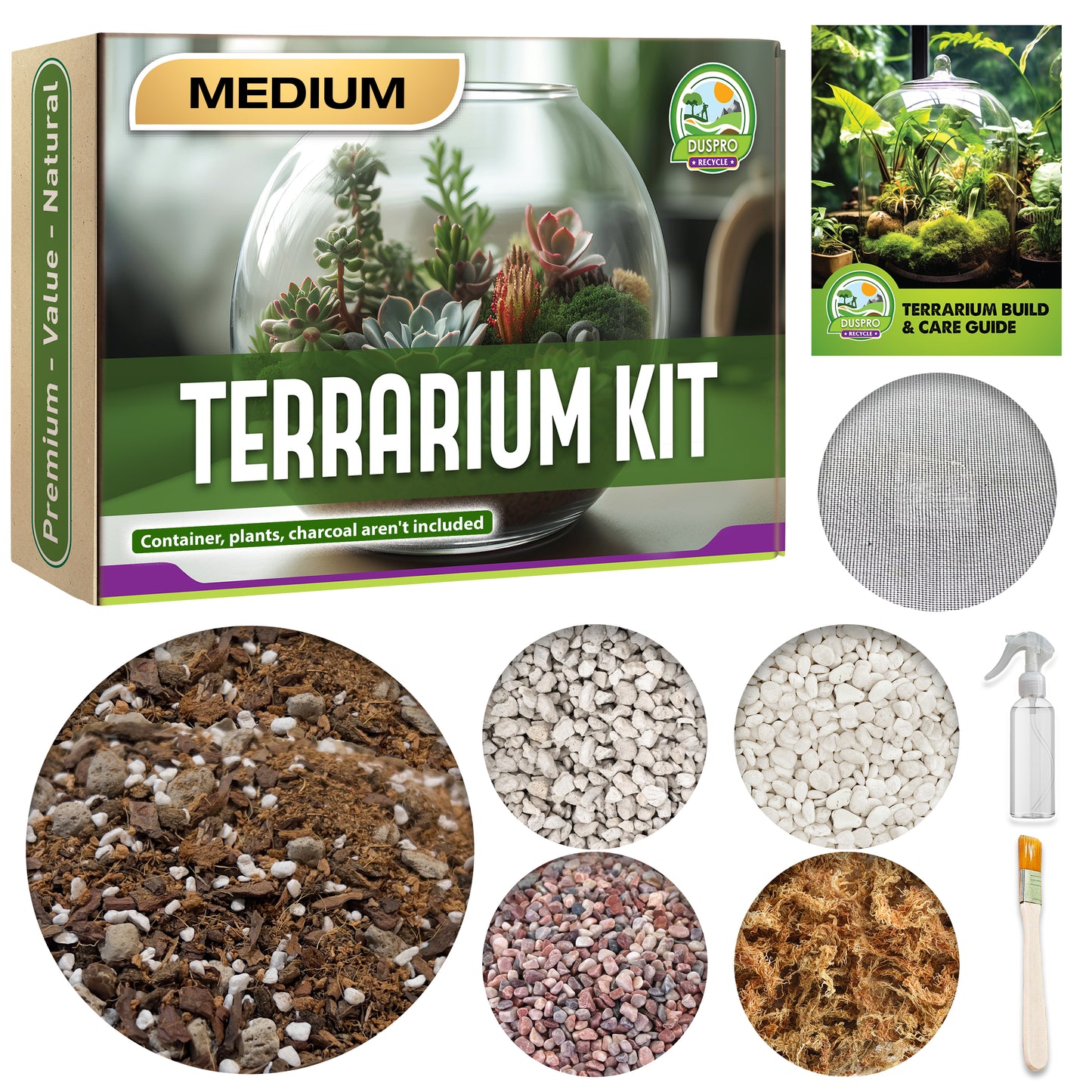 DUSPRO Recycle Terrarium Starter Kit, Coco Coir, Peat Moss, Pine Bark, Perlite, Pumice, Mesh Barrier, Care Tools, Guide Book, DIY Terrarium Kit for Kids, Air Plant, Succulent (Medium)