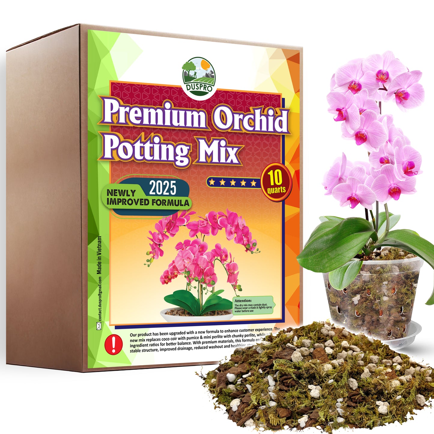 [Upgraded] DUSPRO Orchid Potting Mix for Repotting with Forest Moss, Pine Bark, Perlite & Pumice, Orchid Bark Potting Mix, Orchid Repotting Soil, Drainage Indoor Potting, Orchid Pot Not Included