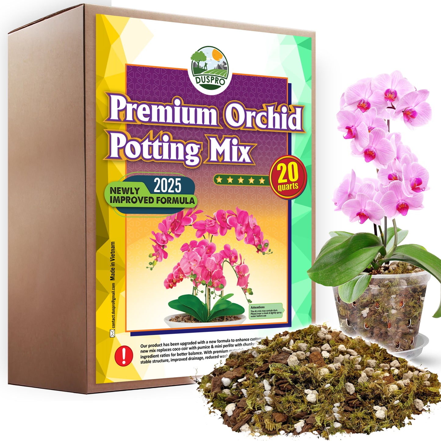 [Upgraded] DUSPRO Orchid Potting Mix for Repotting with Forest Moss, Pine Bark, Perlite & Pumice, Orchid Bark Potting Mix, Orchid Repotting Soil, Drainage Indoor Potting, Orchid Pot Not Included