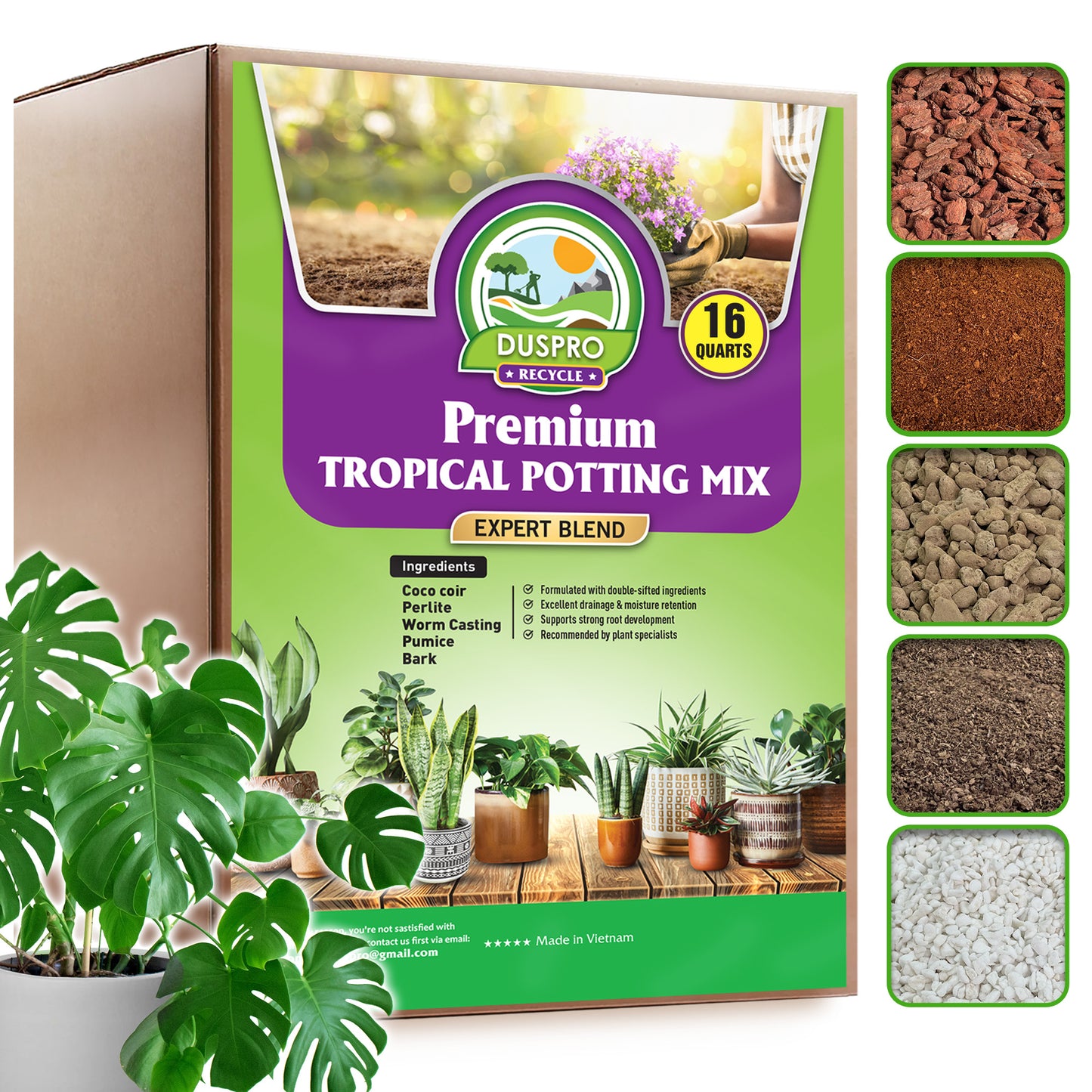 DUSPRO Recycle Tropical Potting Mix Pre-Mixed 5in1 with Pine Bark, Coco Coir, Perlite, Worm Casting & Pumice Ideal Aroid Mix Soil for Monstera, Pothos, Philodendron, Other Indoor HousePlants