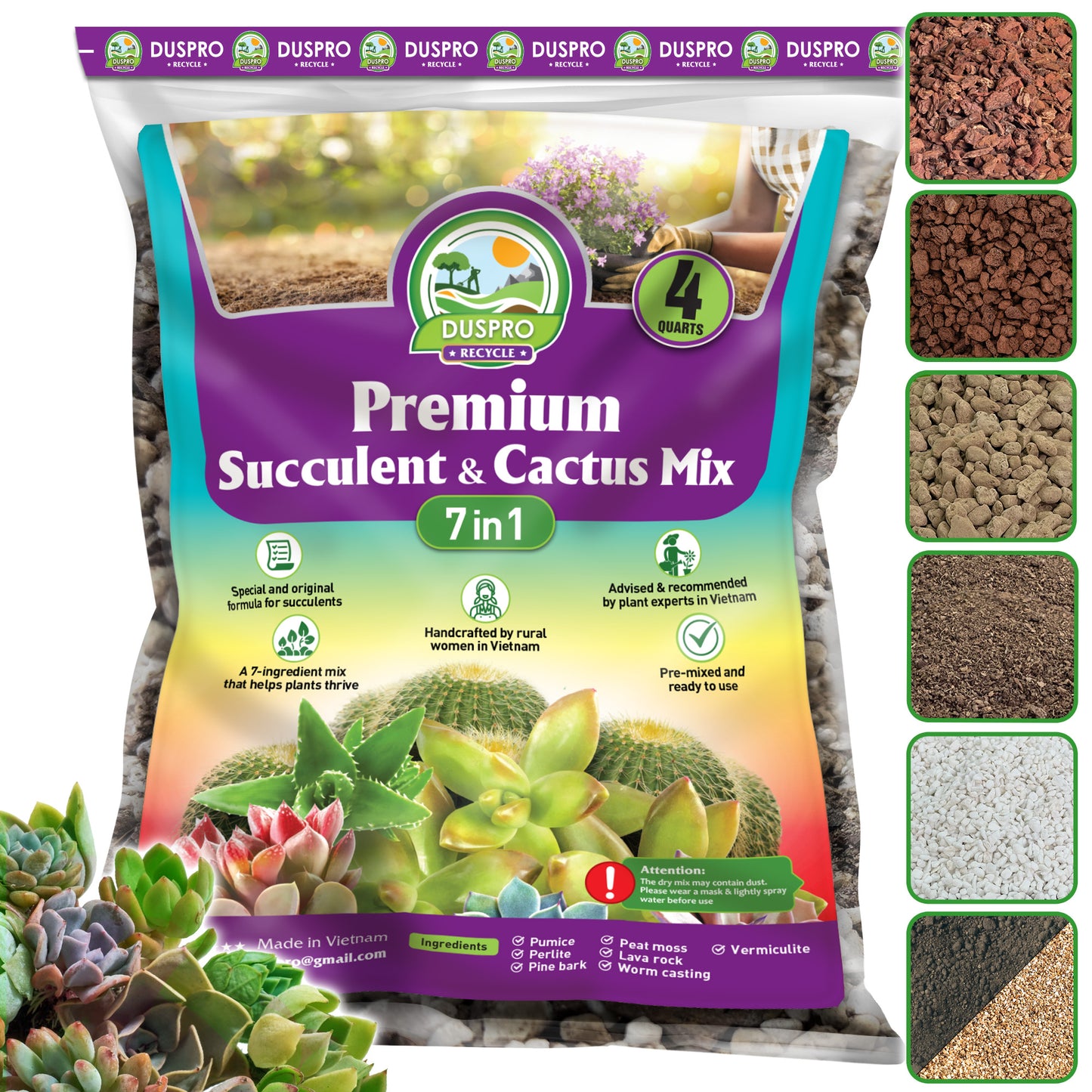 DUSPRO Succulents Soil Potting Mix – 7 in 1 Ingredients Well-Draining, Nutrient-Rich Cactus Potting Soil for Succulents and Cacti, Indoor & Outdoor Use, Ready to Use, Supports Healthy Root Growth, 1QT
