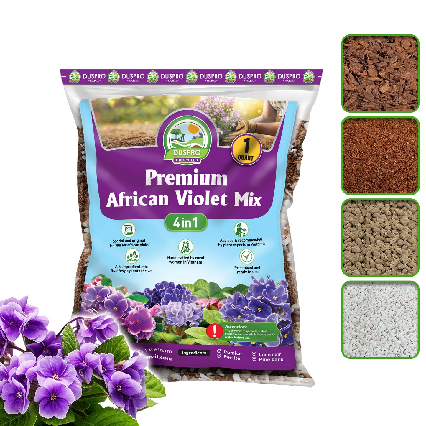 DUSPRO Recycle Premium 4-in-1 African Violet Potting Soil African Violet Soil Blend with Perlite, Coco Peat, Pumice, Pine Bark for Optimal Moisture Retention & Drainage 1QT