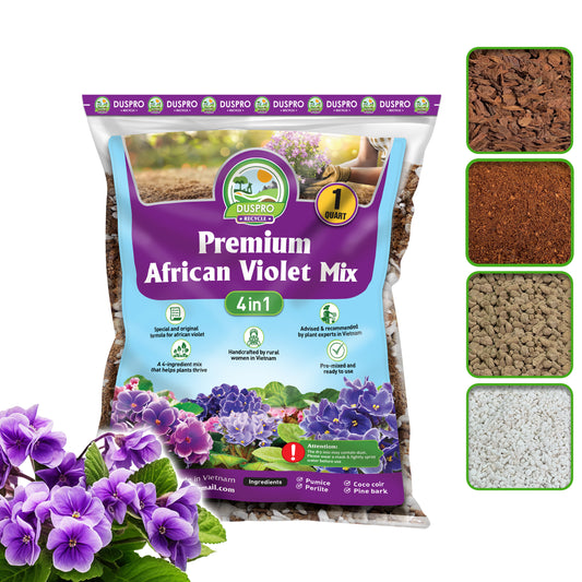 DUSPRO Recycle Premium 4-in-1 African Violet Potting Soil African Violet Soil Blend with Perlite, Coco Peat, Pumice, Pine Bark for Optimal Moisture Retention & Drainage 1QT