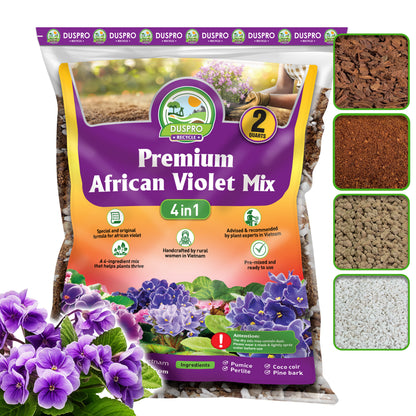 DUSPRO Recycle Premium 4-in-1 African Violet Potting Soil African Violet Soil Blend with Perlite, Coco Peat, Pumice, Pine Bark for Optimal Moisture Retention & Drainage 1QT