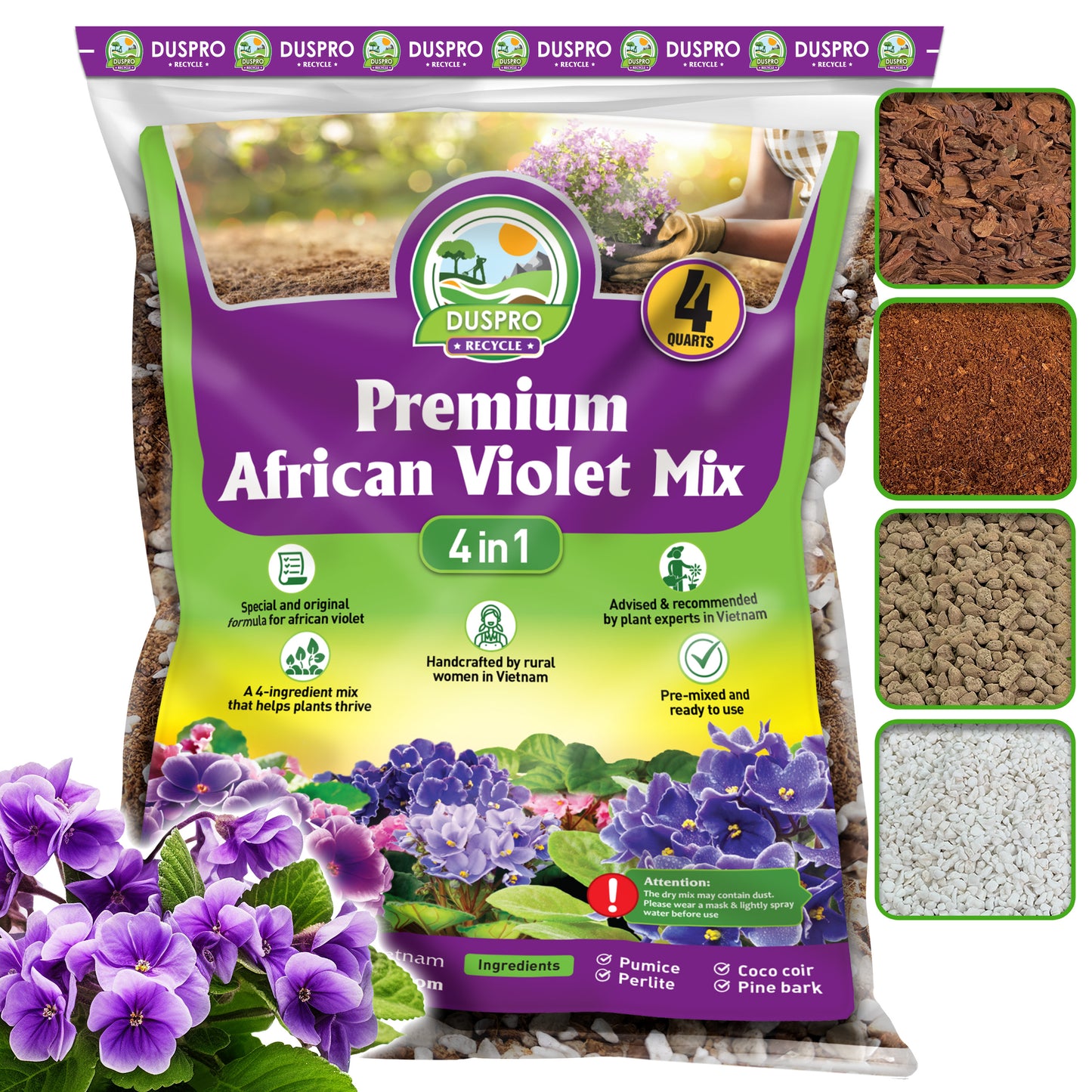 DUSPRO Recycle Premium 4-in-1 African Violet Potting Soil African Violet Soil Blend with Perlite, Coco Peat, Pumice, Pine Bark for Optimal Moisture Retention & Drainage 1QT