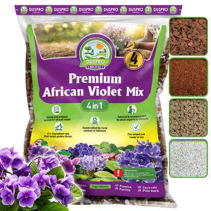 DUSPRO Recycle Premium 4-in-1 African Violet Potting Soil African Violet Soil Blend with Perlite, Coco Peat, Pumice, Pine Bark for Optimal Moisture Retention & Drainage 1QT