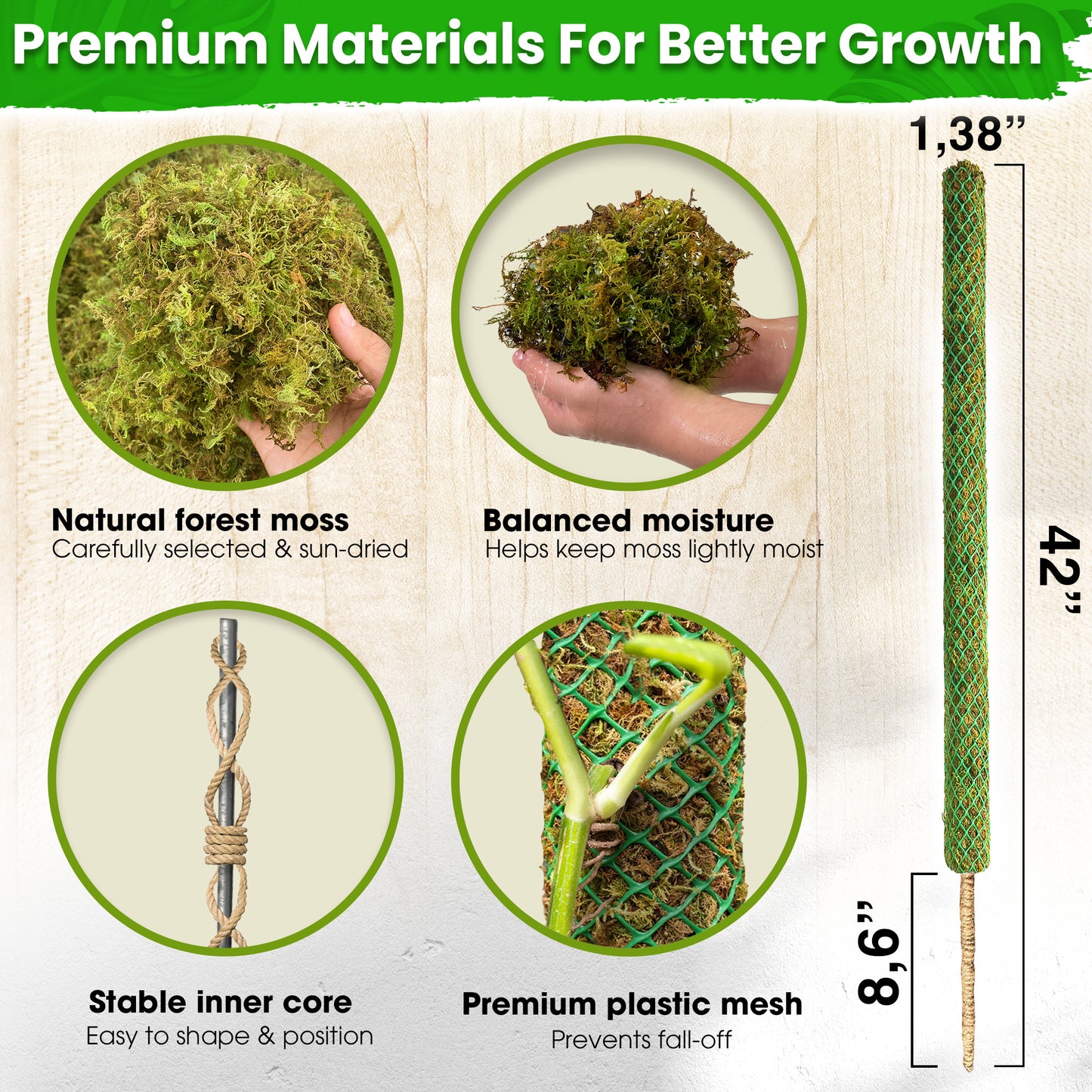 DUSPRO 42’’ Mesh Moss Pole for Plants, Tall Trellis for Climbing Monstera Plant Support, Sphagnum Moss Stick for Big Climbing Indoor, Handmade Plant Stakes for Houseplant