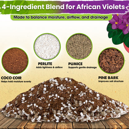 DUSPRO Recycle Premium 4-in-1 African Violet Potting Soil African Violet Soil Blend with Perlite, Coco Peat, Pumice, Pine Bark for Optimal Moisture Retention & Drainage 1QT