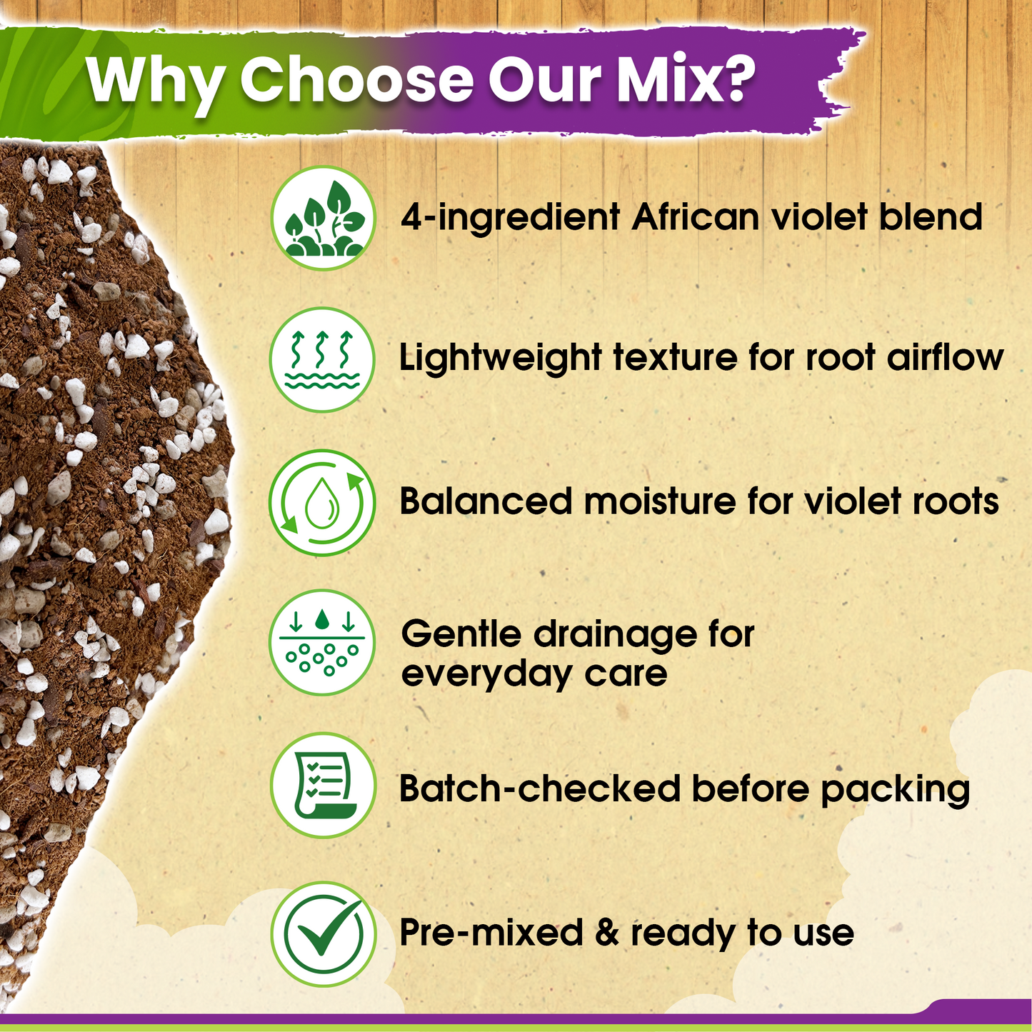 DUSPRO Recycle Premium 4-in-1 African Violet Potting Soil African Violet Soil Blend with Perlite, Coco Peat, Pumice, Pine Bark for Optimal Moisture Retention & Drainage 1QT