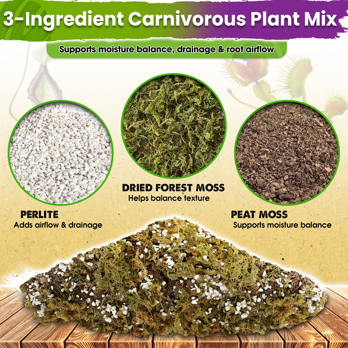 Carnivorous Plant Soil Mix - Include Forest Moss, Peat Moss, Perlite Potting Mix for Carnivorous Plants, Pitcher Plant, Butterworts, Sundews - Carnivorous Plant Food