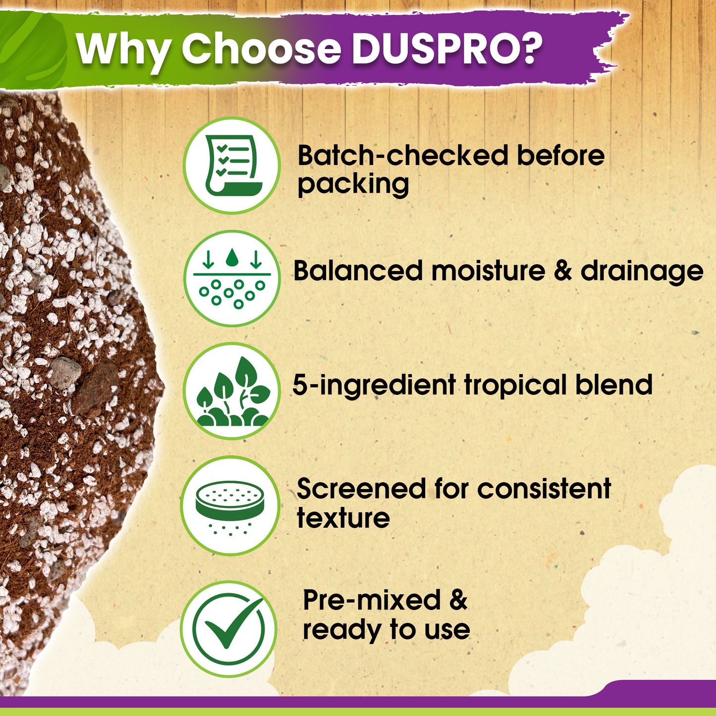 DUSPRO Recycle Tropical Potting Mix Pre-Mixed 5in1 with Pine Bark, Coco Coir, Perlite, Worm Casting & Pumice Ideal Aroid Mix Soil for Monstera, Pothos, Philodendron, Other Indoor HousePlants