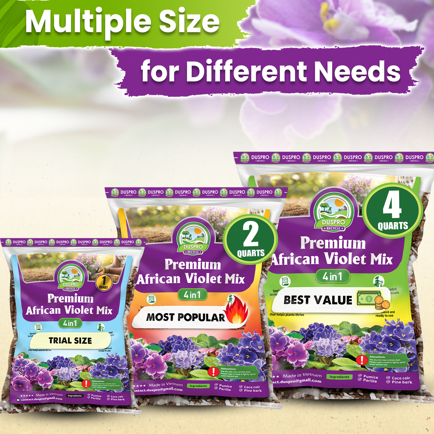 DUSPRO Recycle Premium 4-in-1 African Violet Potting Soil African Violet Soil Blend with Perlite, Coco Peat, Pumice, Pine Bark for Optimal Moisture Retention & Drainage 1QT