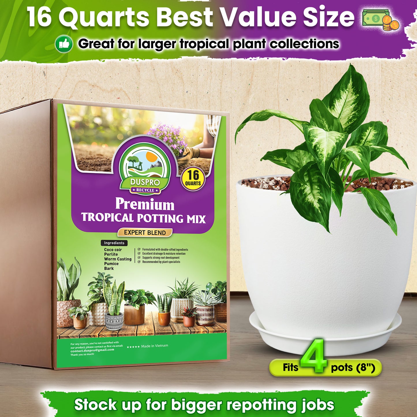 DUSPRO Recycle Tropical Potting Mix Pre-Mixed 5in1 with Pine Bark, Coco Coir, Perlite, Worm Casting & Pumice Ideal Aroid Mix Soil for Monstera, Pothos, Philodendron, Other Indoor HousePlants