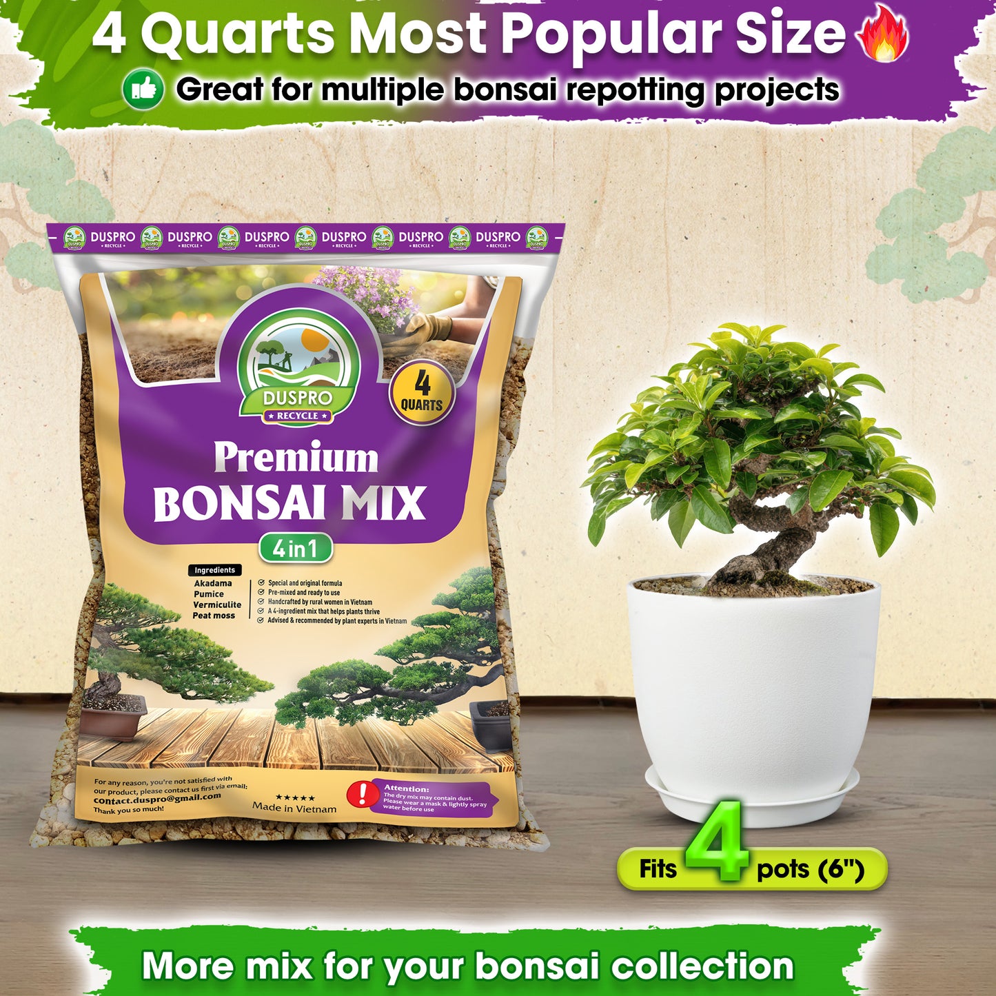DUSPRO Recycle Premium Bonsai Soil Mix Ready to Use Pre-Mixed 5in1 with Akadama, Pumice, Vermiculite, and Peat Moss