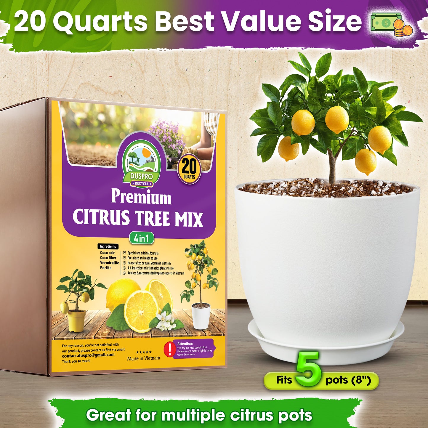 DUSPRO Recycle Citrus Tree Potting Soil Mix for Potted Lemon Tree, Specialized for Oranges, Fruit Tree Indoor Planting Pre-Mixed 4-in-1 Ready to Use