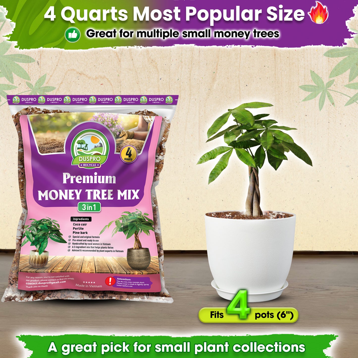 DUSPRO Recycle Money Tree Soil, Premium Coco Coir Perlite Mix and Pine Bark for Money Tree Soil