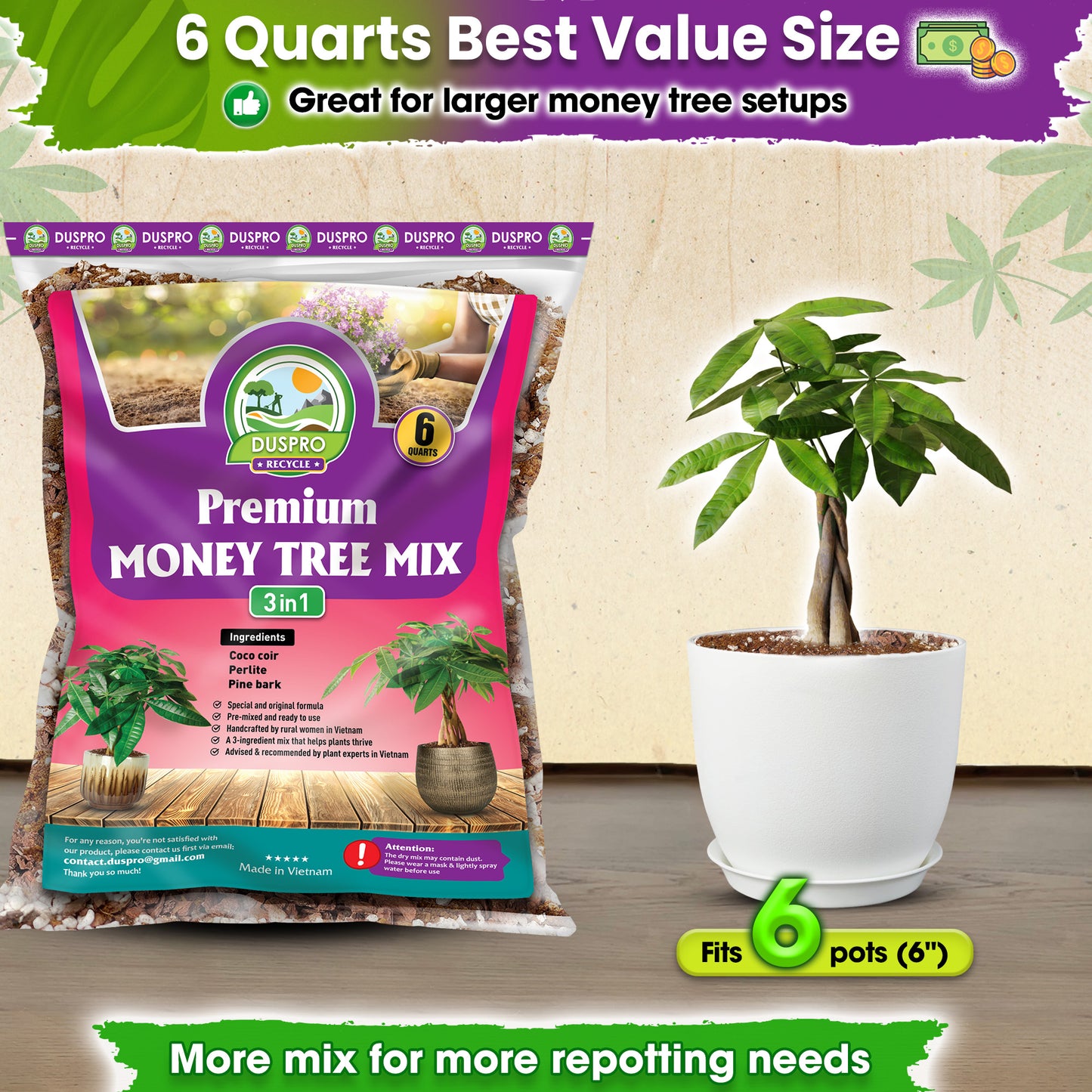DUSPRO Recycle Money Tree Soil, Premium Coco Coir Perlite Mix and Pine Bark for Money Tree Soil