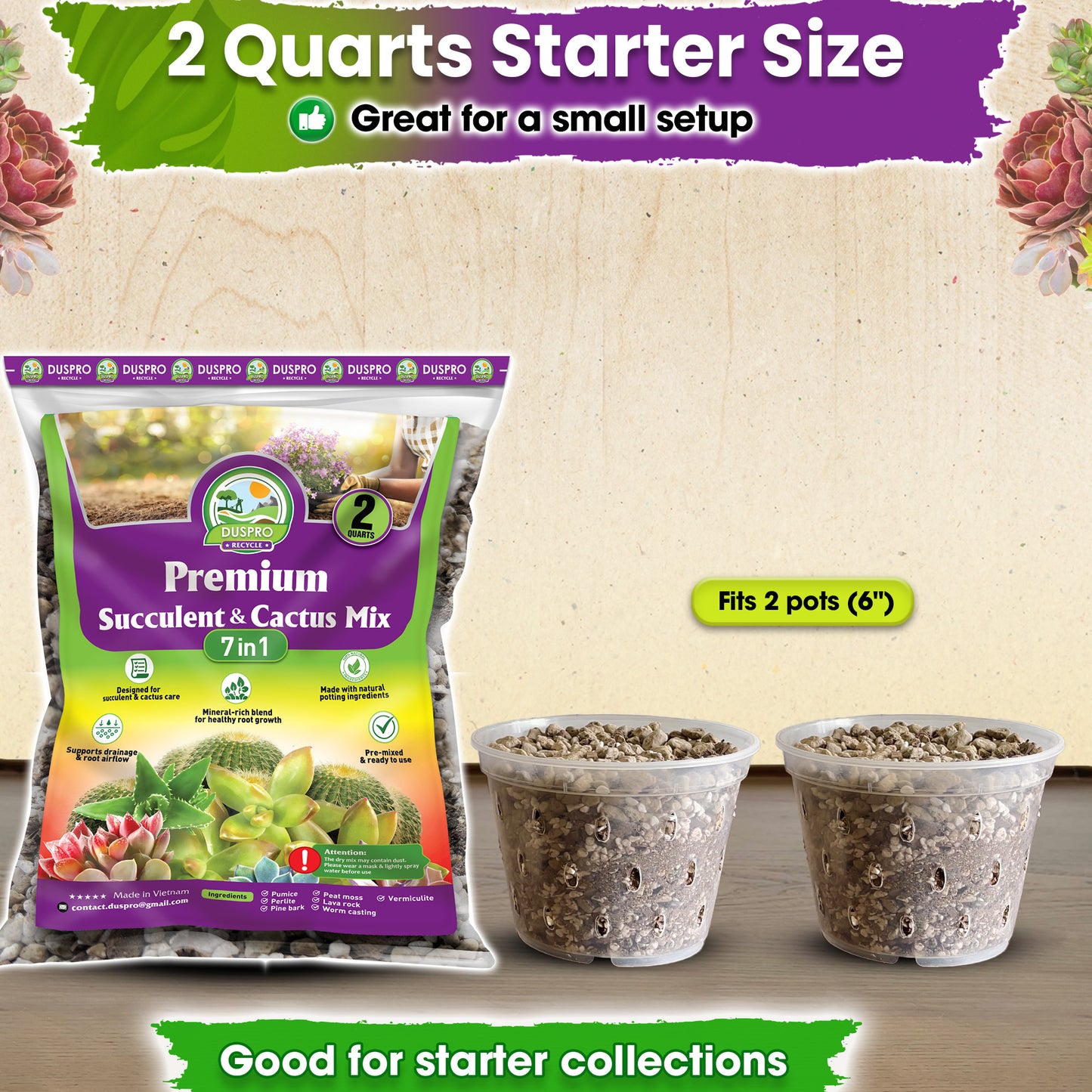 DUSPRO Succulents Soil Potting Mix – 7 in 1 Ingredients Well-Draining, Nutrient-Rich Cactus Potting Soil for Succulents and Cacti, Indoor & Outdoor Use, Ready to Use, Supports Healthy Root Growth, 1QT
