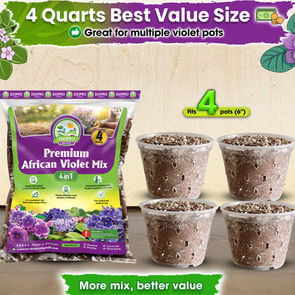 DUSPRO Recycle Premium 4-in-1 African Violet Potting Soil African Violet Soil Blend with Perlite, Coco Peat, Pumice, Pine Bark for Optimal Moisture Retention & Drainage 1QT