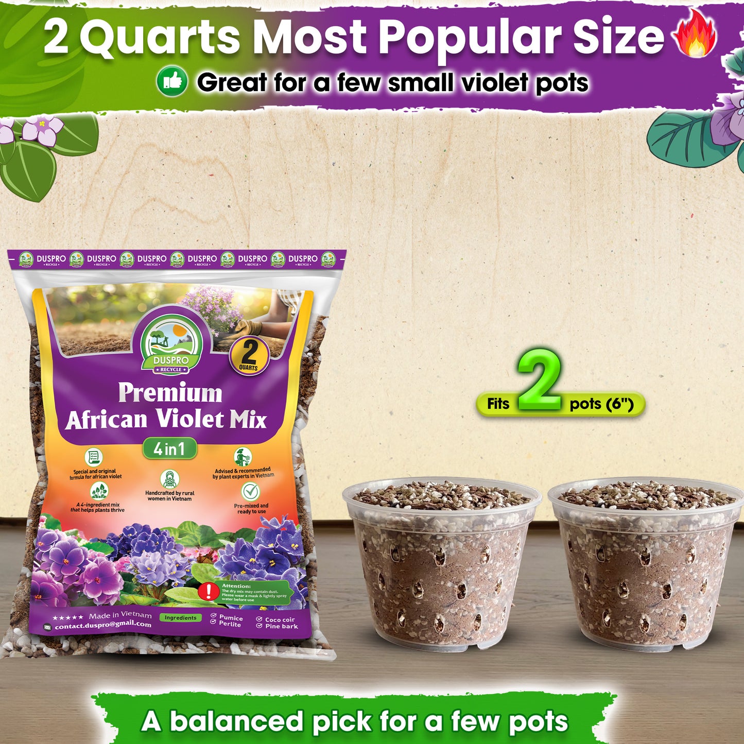 DUSPRO Recycle Premium 4-in-1 African Violet Potting Soil African Violet Soil Blend with Perlite, Coco Peat, Pumice, Pine Bark for Optimal Moisture Retention & Drainage 1QT