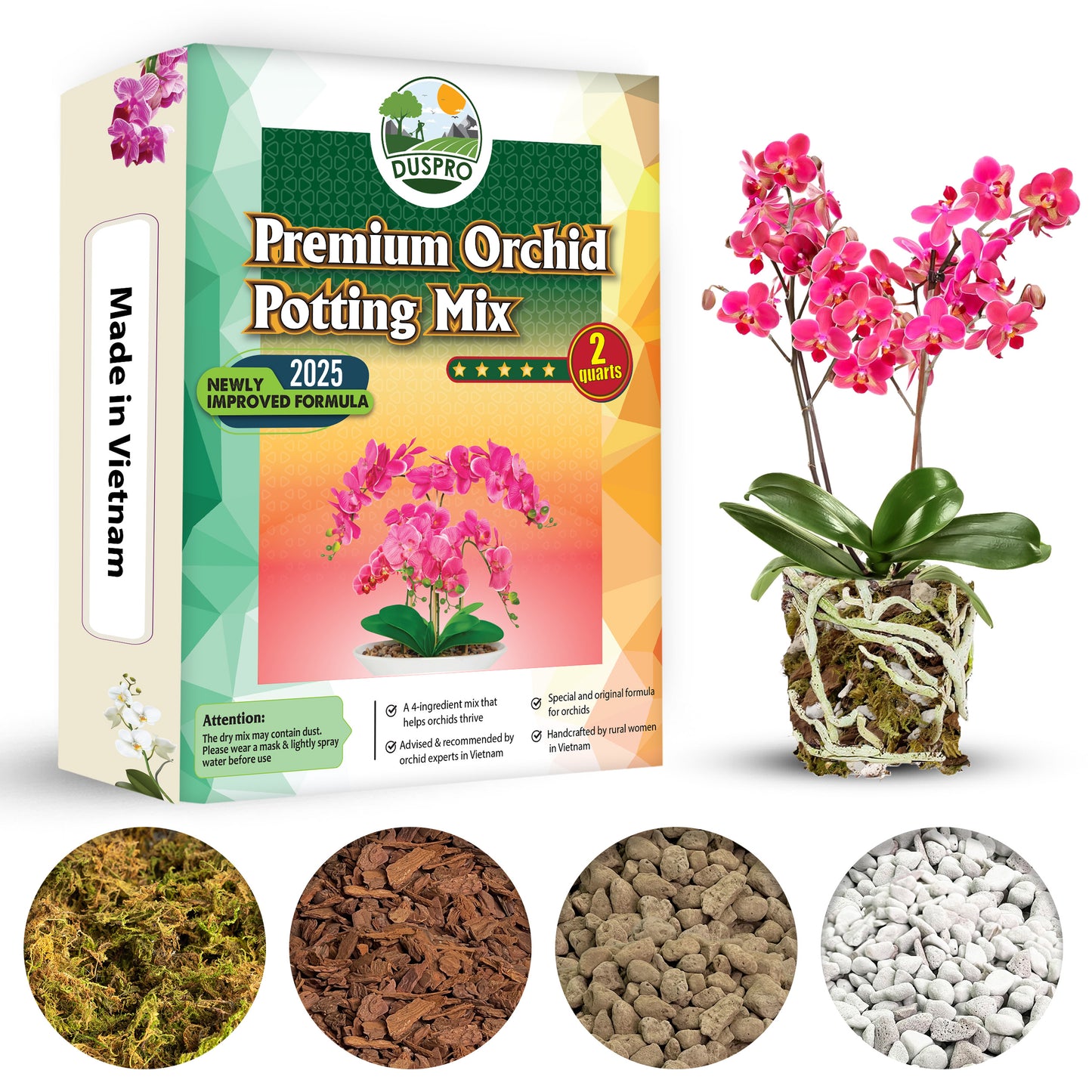 [Upgraded] DUSPRO Orchid Potting Mix for Repotting with Forest Moss, Pine Bark, Perlite & Pumice, Orchid Bark Potting Mix, Orchid Repotting Soil, Drainage Indoor Potting, Orchid Pot Not Included