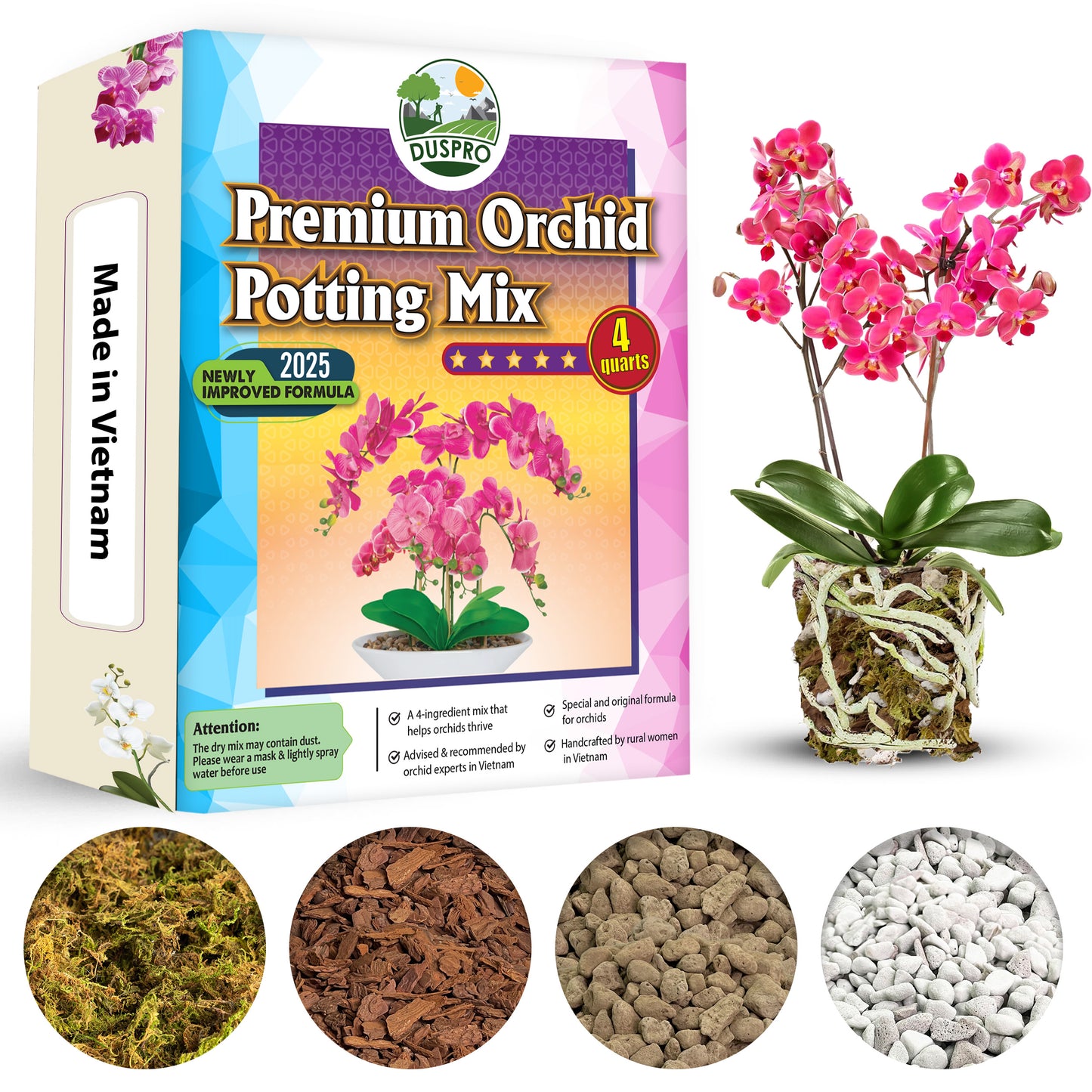 [Upgraded] DUSPRO Orchid Potting Mix for Repotting with Forest Moss, Pine Bark, Perlite & Pumice, Orchid Bark Potting Mix, Orchid Repotting Soil, Drainage Indoor Potting, Orchid Pot Not Included