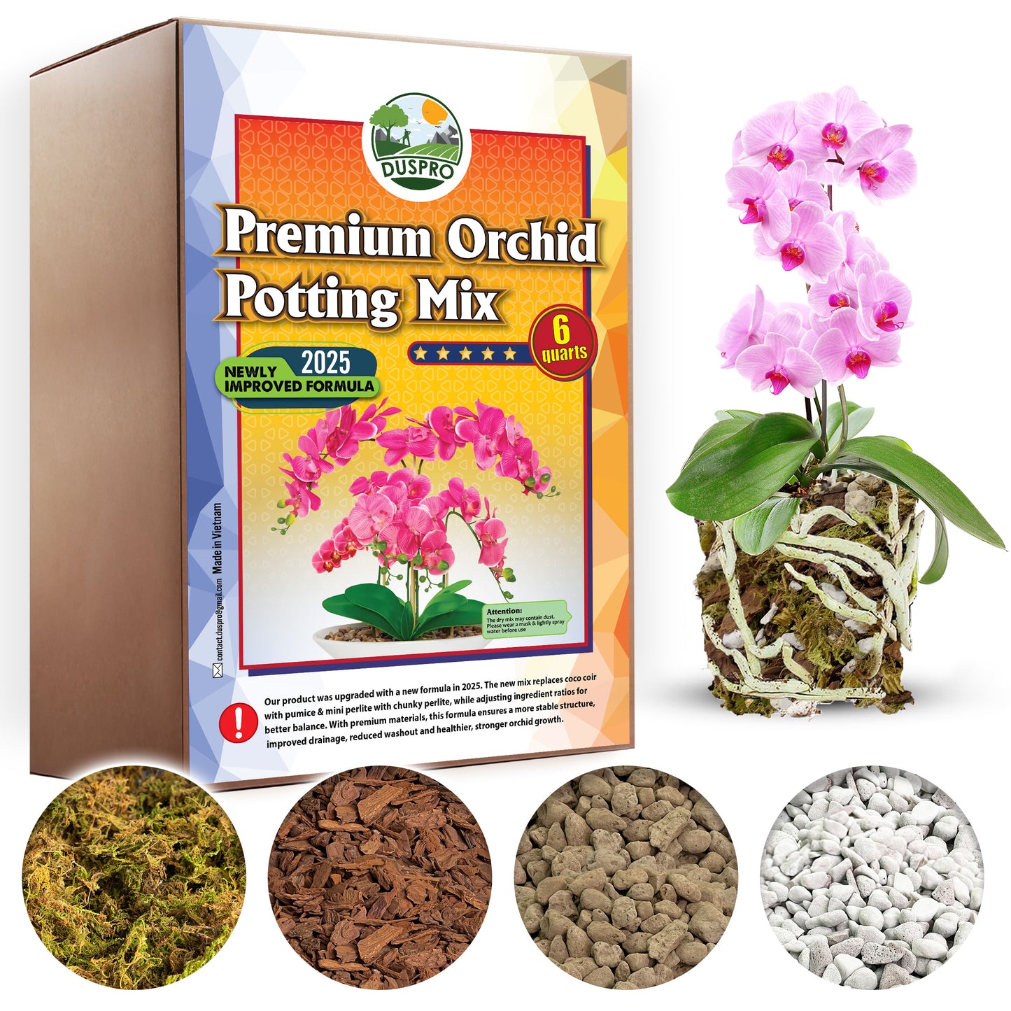 [Upgraded] DUSPRO Orchid Potting Mix for Repotting with Forest Moss, Pine Bark, Perlite & Pumice, Orchid Bark Potting Mix, Orchid Repotting Soil, Drainage Indoor Potting, Orchid Pot Not Included