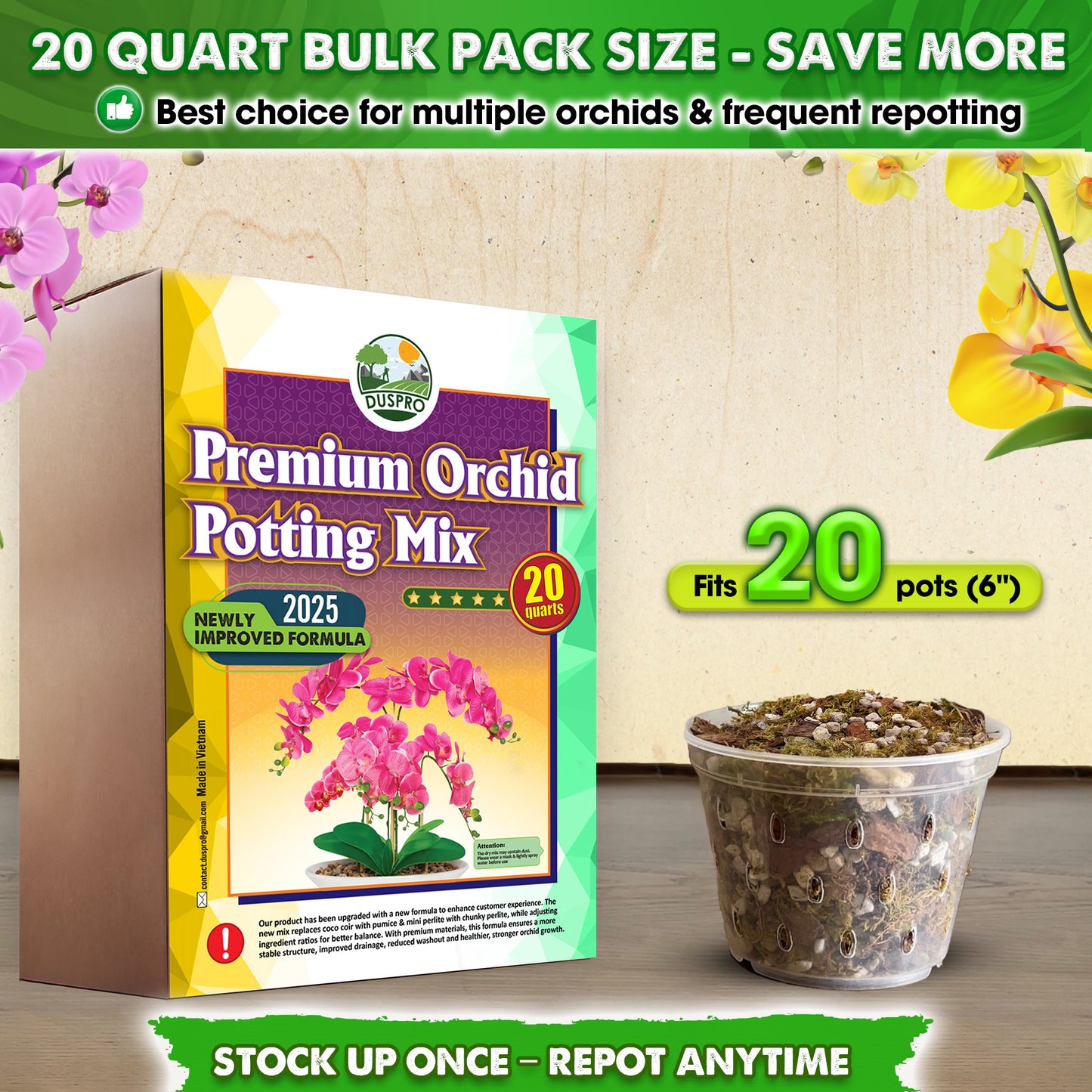 [Upgraded] DUSPRO Orchid Potting Mix for Repotting with Forest Moss, Pine Bark, Perlite & Pumice, Orchid Bark Potting Mix, Orchid Repotting Soil, Drainage Indoor Potting, Orchid Pot Not Included
